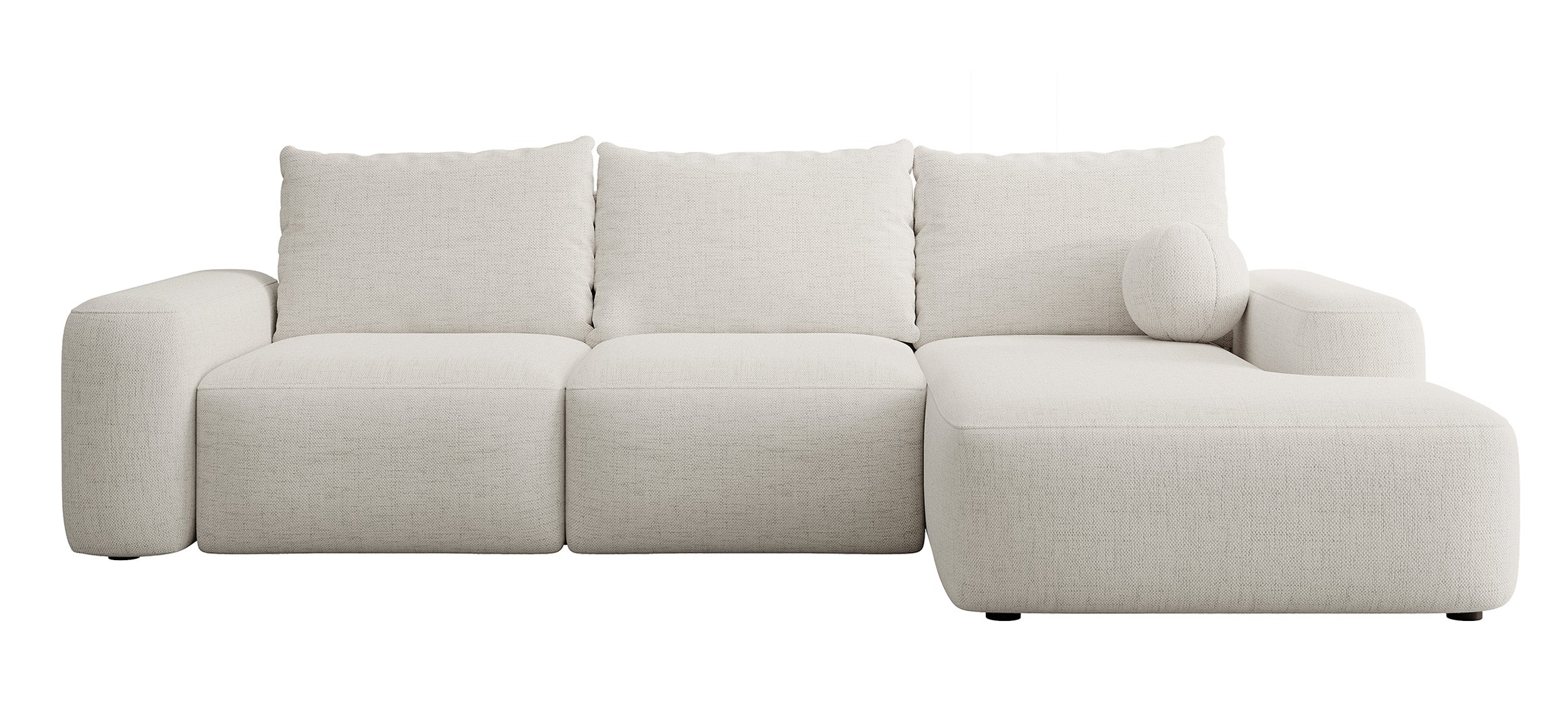 Ecksofa mit Schlaffunktion Carnos, L-förmig mit Ball, einzelne Kissen, cremefarbenes hydrophobes Chenille, rechtsseitig