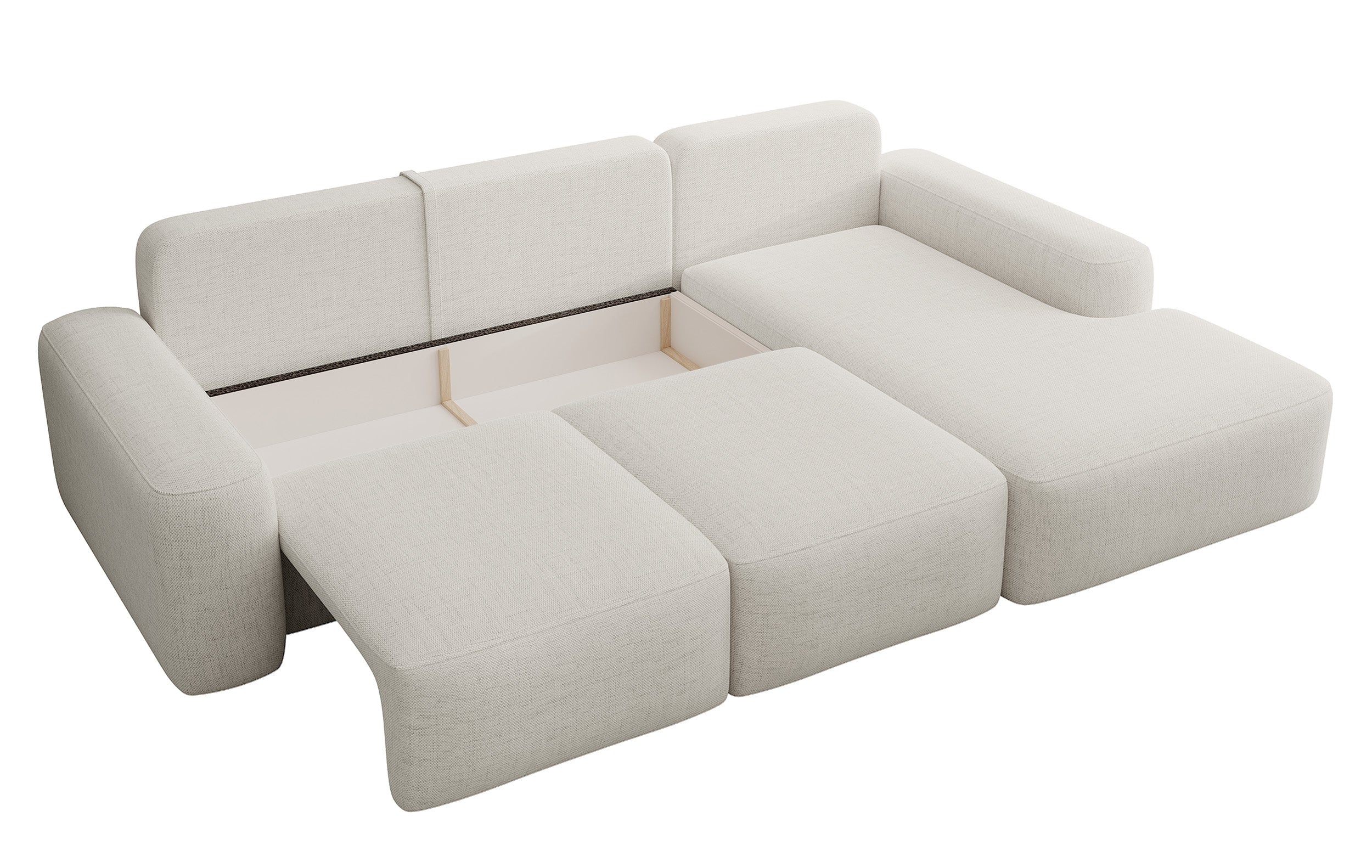 Ecksofa mit Schlaffunktion Carnos, L-förmig mit Ball, einzelne Kissen, cremefarbenes hydrophobes Chenille, rechtsseitig