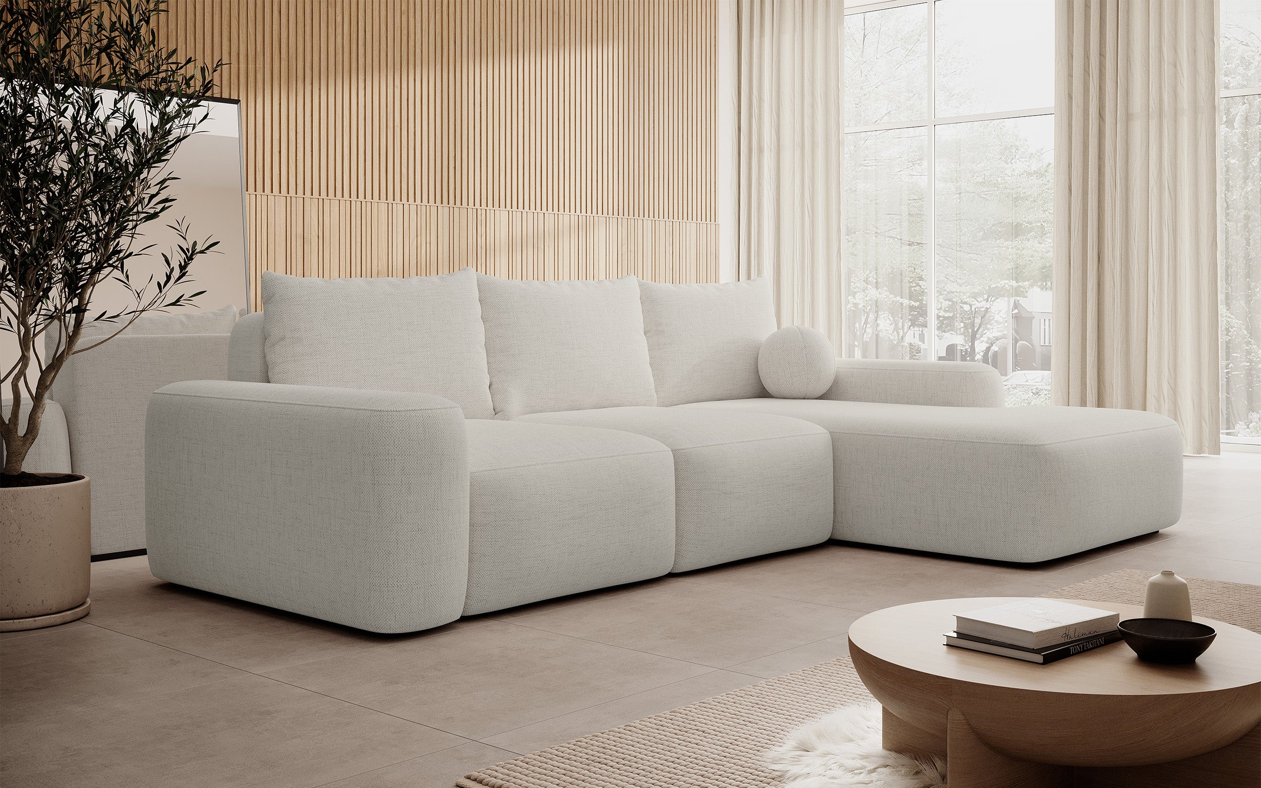 Ecksofa mit Schlaffunktion Carnos, L-förmig mit Ball, einzelne Kissen, cremefarbenes hydrophobes Chenille, rechtsseitig