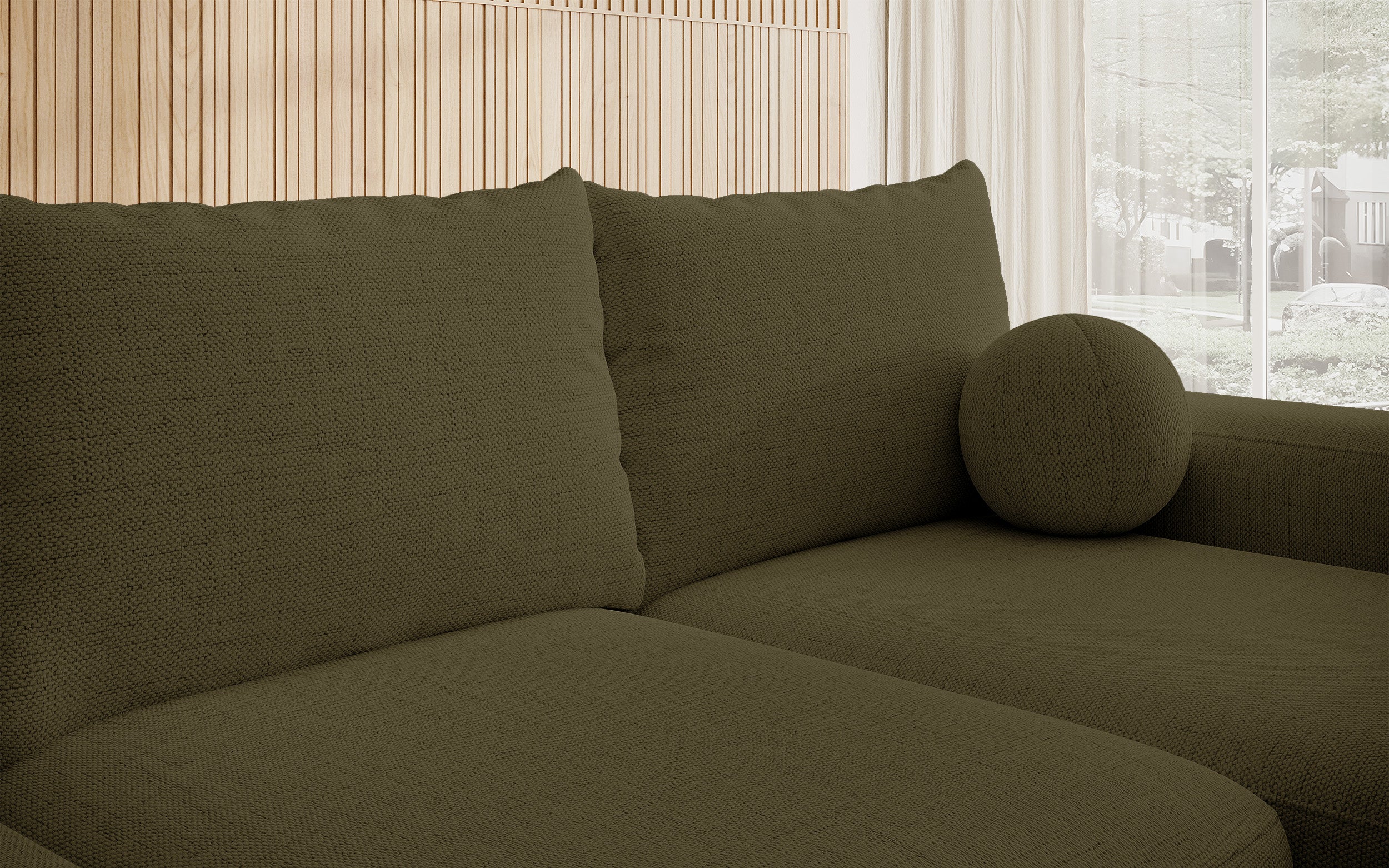 Ecksofa mit Schlaffunktion Carnos, L-förmig, mit Ball, einzelne Kissen, olivgrüner hydrophober Chenille-Stoff, rechtsseitig