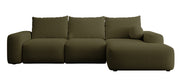 Ecksofa mit Schlaffunktion Carnos, L-förmig, mit Ball, einzelne Kissen, olivgrüner hydrophober Chenille-Stoff, rechtsseitig