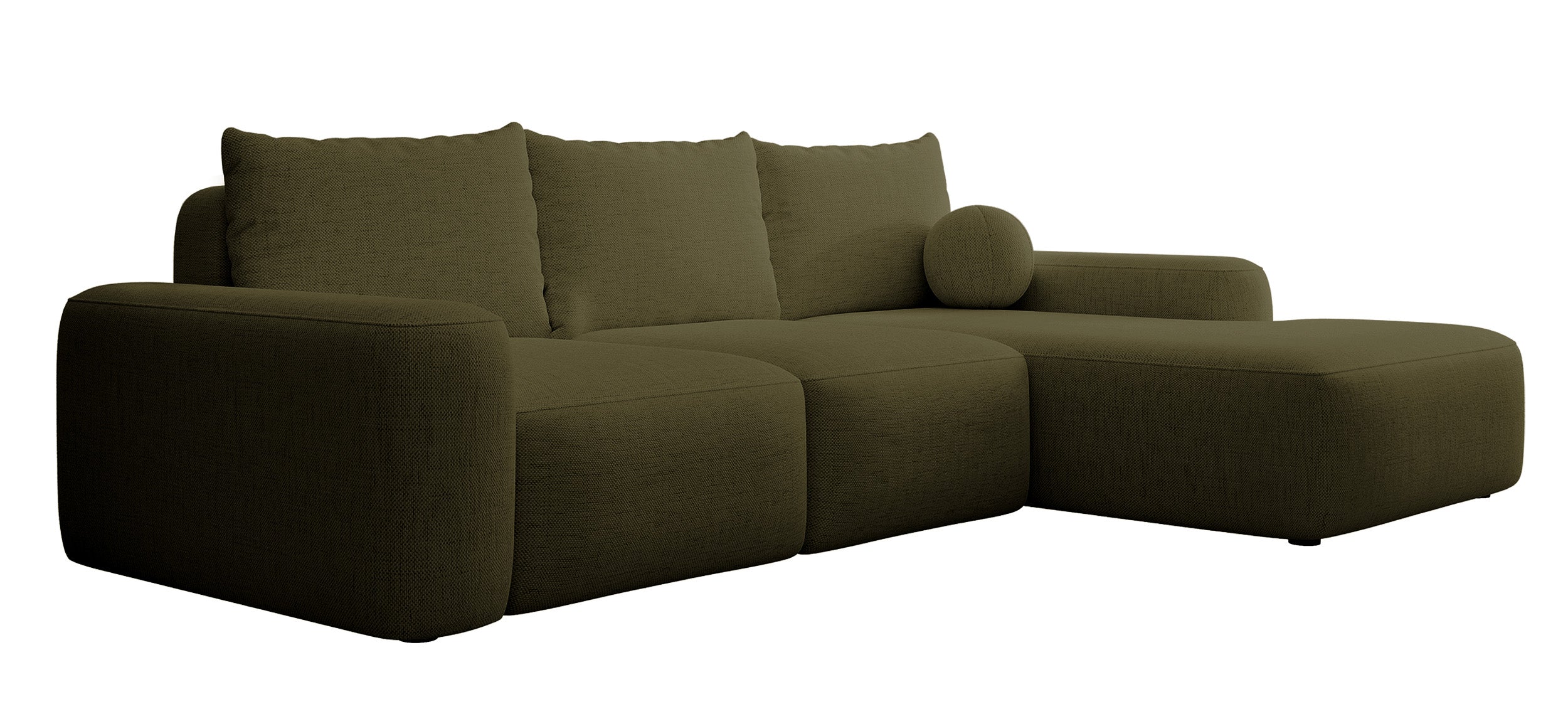 Ecksofa mit Schlaffunktion Carnos, L-förmig, mit Ball, einzelne Kissen, olivgrüner hydrophober Chenille-Stoff, rechtsseitig