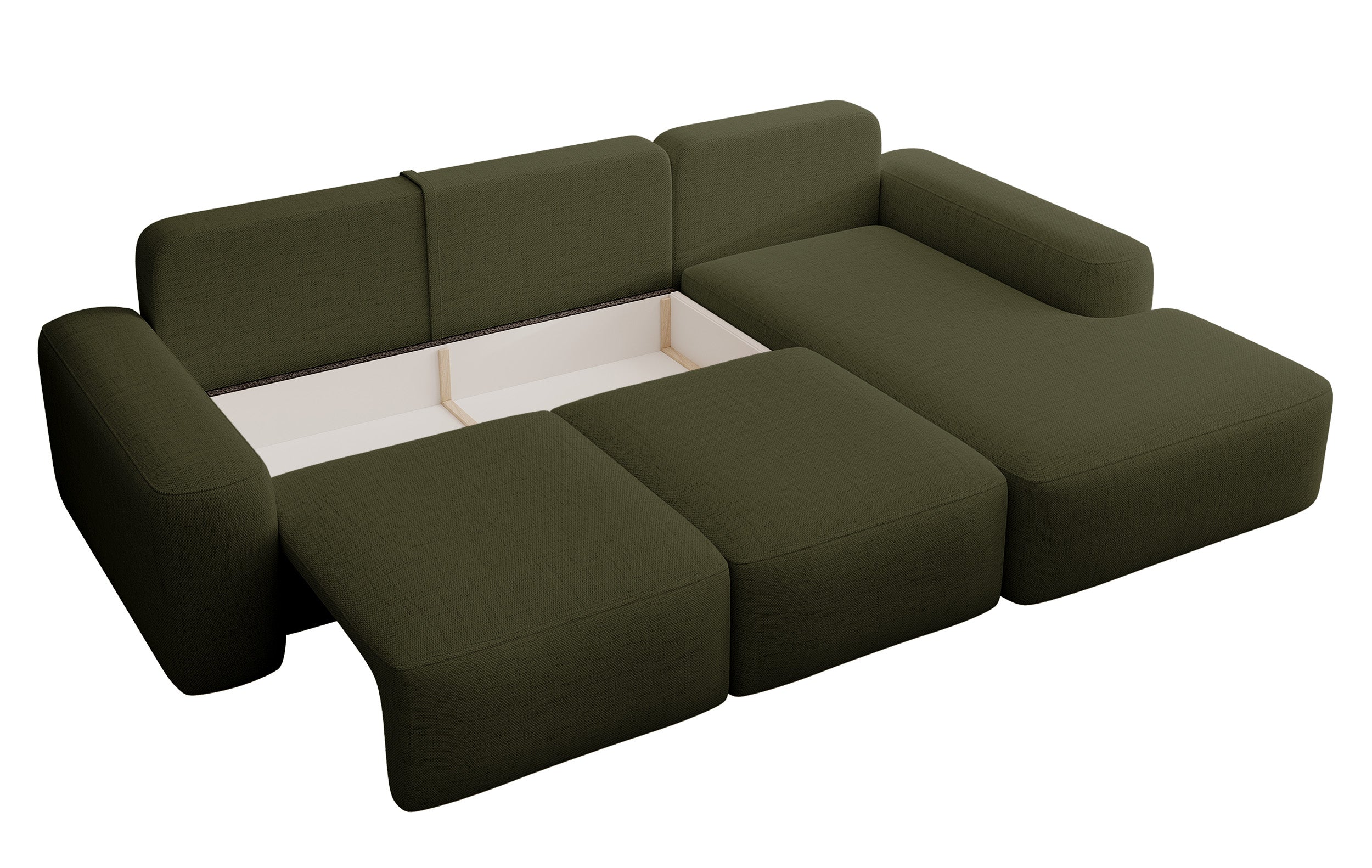 Ecksofa mit Schlaffunktion Carnos, L-förmig, mit Ball, einzelne Kissen, olivgrüner hydrophober Chenille-Stoff, rechtsseitig