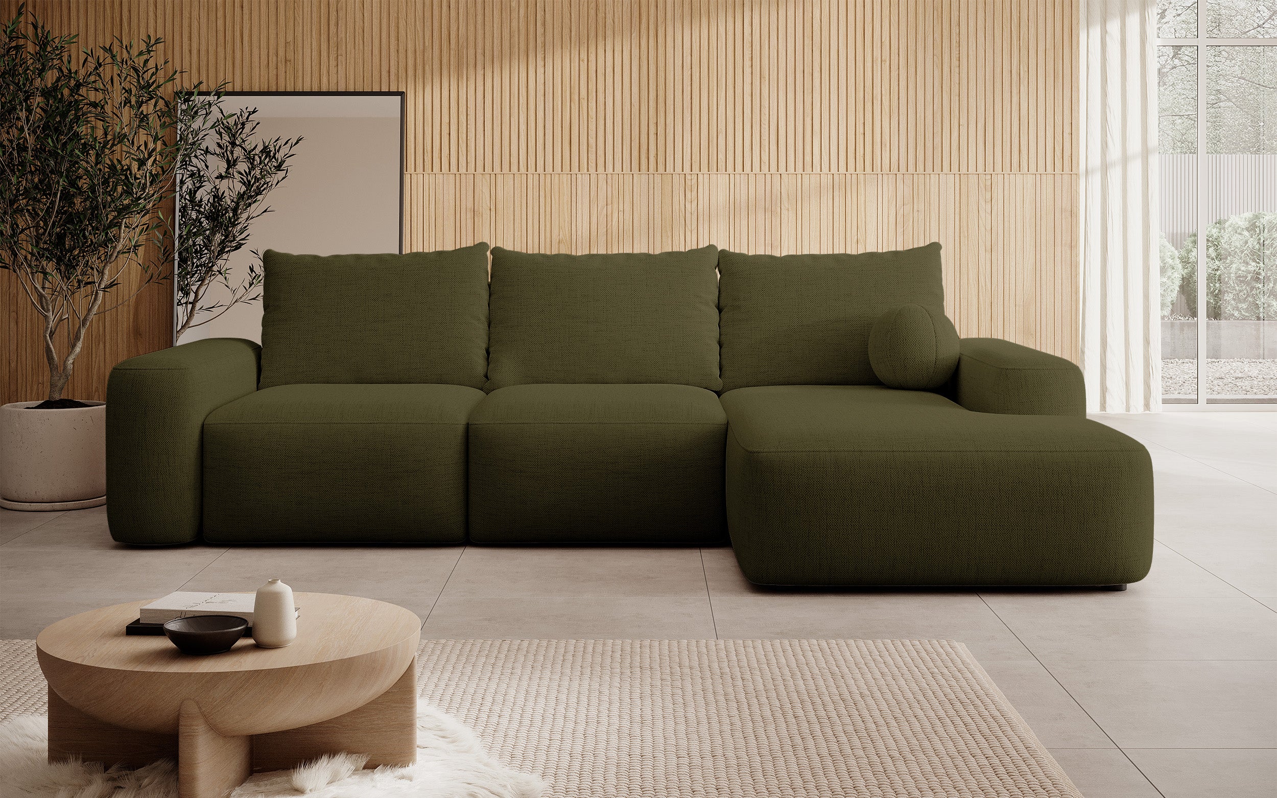 Ecksofa mit Schlaffunktion Carnos, L-förmig, mit Ball, einzelne Kissen, olivgrüner hydrophober Chenille-Stoff, rechtsseitig