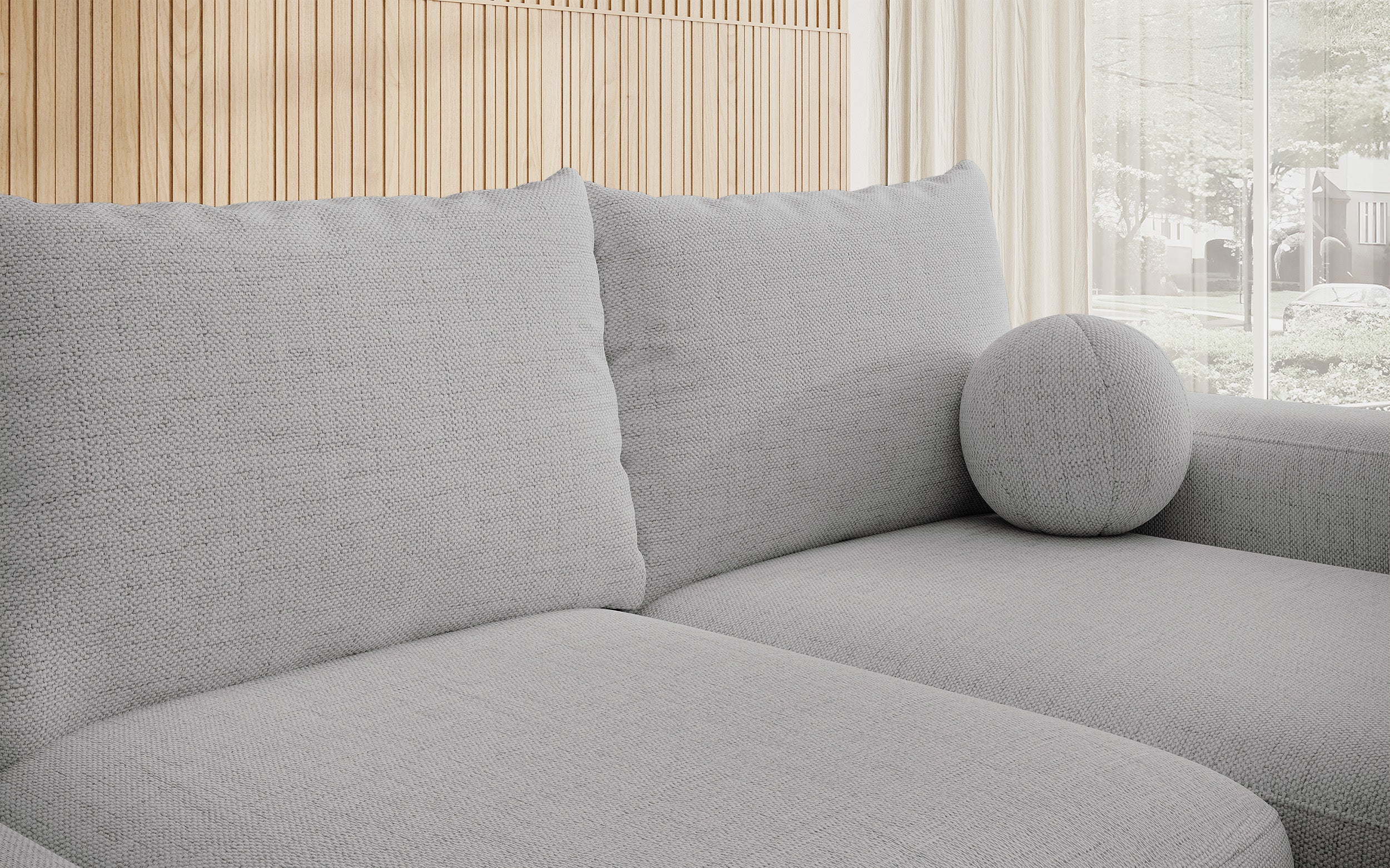 Ecksofa mit Schlaffunktion Carnos, L-förmig mit Ball, einzelne Kissen, grauer hydrophober Chenille, rechtsseitig