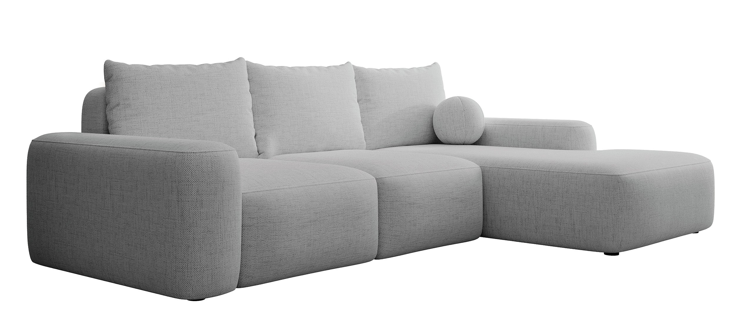Ecksofa mit Schlaffunktion Carnos, L-förmig mit Ball, einzelne Kissen, grauer hydrophober Chenille, rechtsseitig