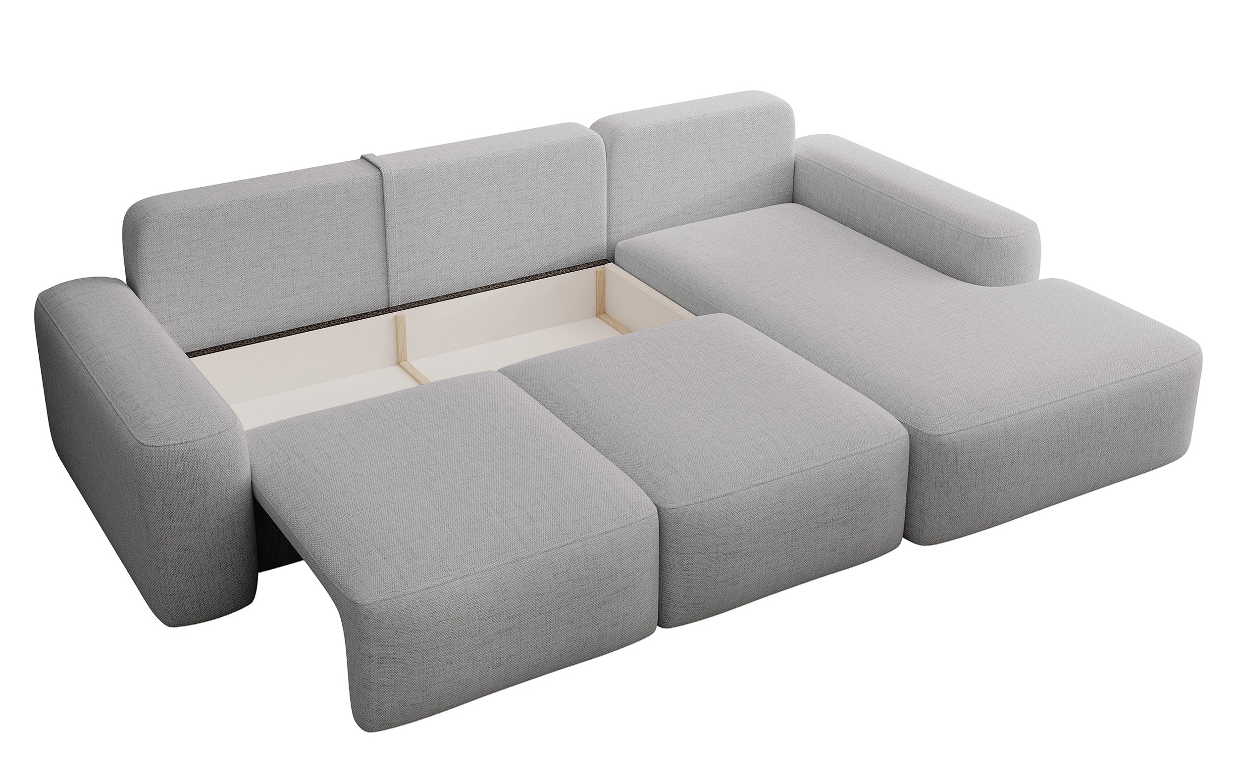 Ecksofa mit Schlaffunktion Carnos, L-förmig mit Ball, einzelne Kissen, grauer hydrophober Chenille, rechtsseitig