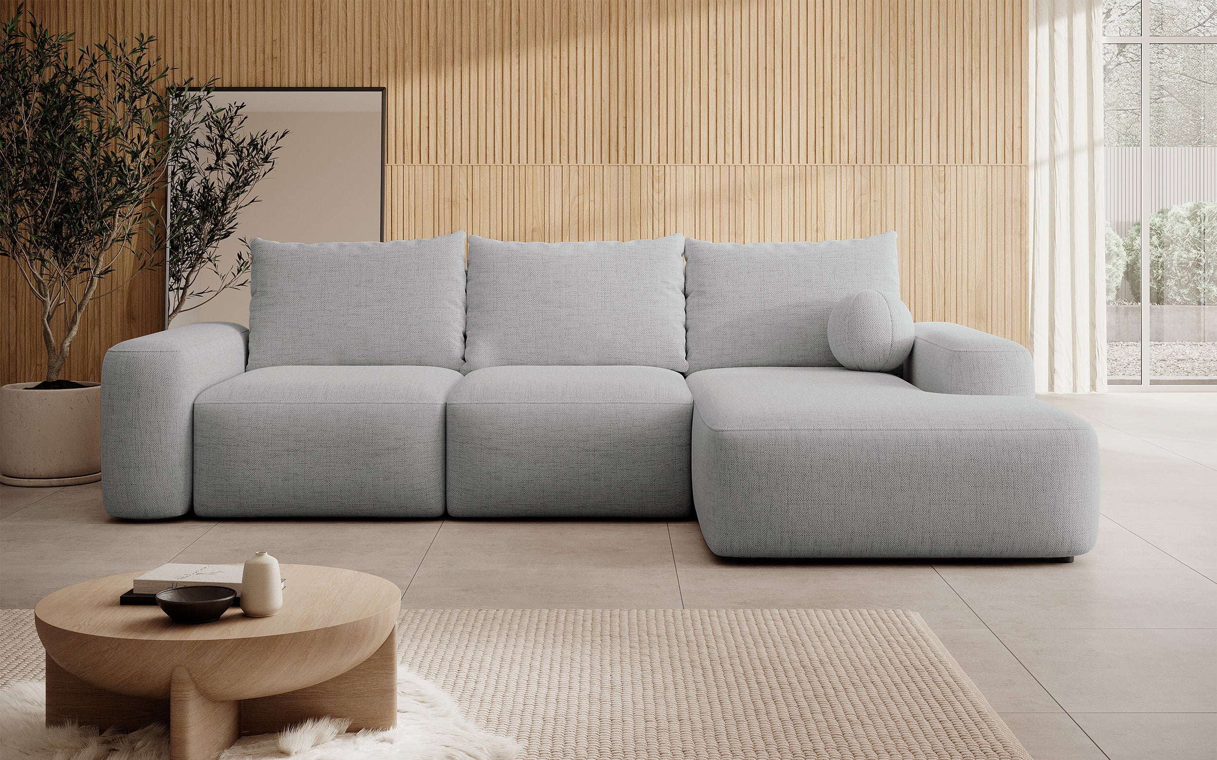 Ecksofa mit Schlaffunktion Carnos, L-förmig mit Ball, einzelne Kissen, grauer hydrophober Chenille, rechtsseitig