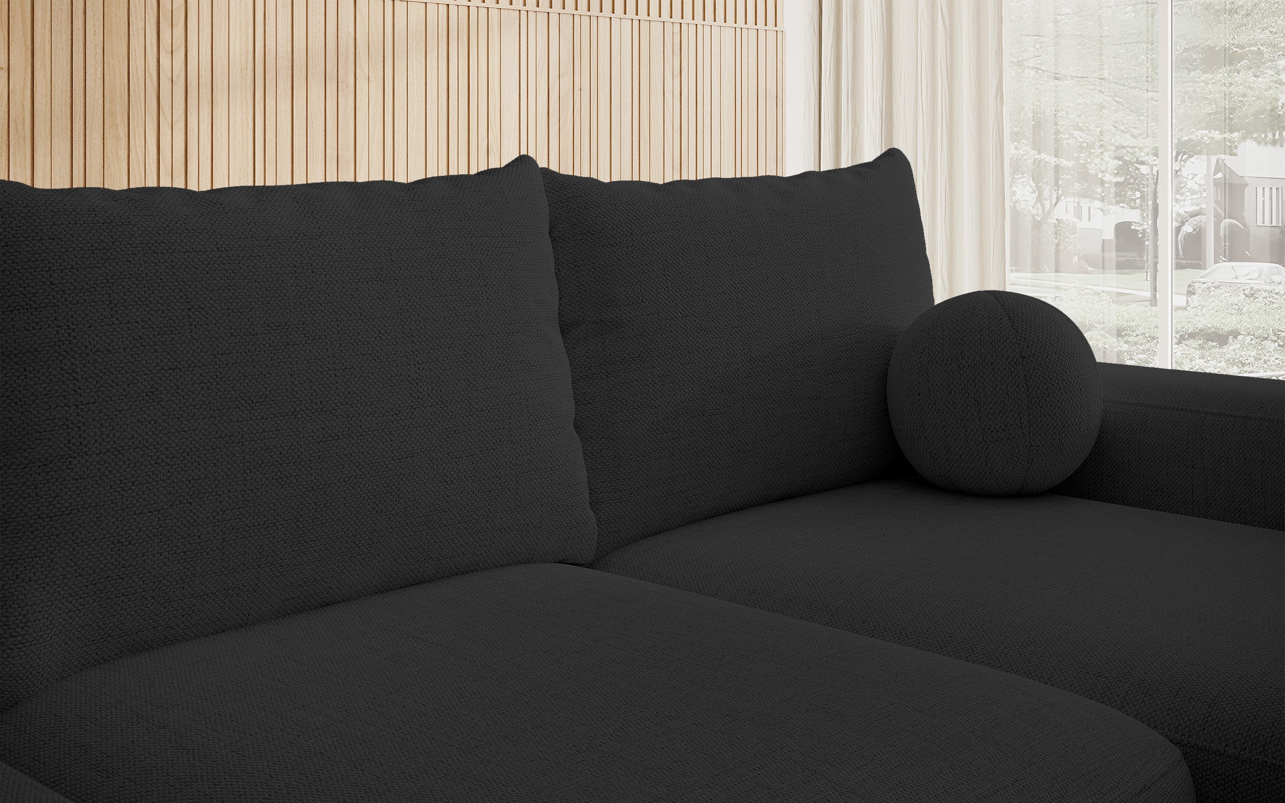 Ecksofa mit Schlaffunktion Carnos, L-förmig mit Ball, einzelne Kissen, schwarzer hydrophober Chenille-Stoff, rechtsseitig