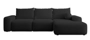 Ecksofa mit Schlaffunktion Carnos, L-förmig mit Ball, einzelne Kissen, schwarzer hydrophober Chenille-Stoff, rechtsseitig