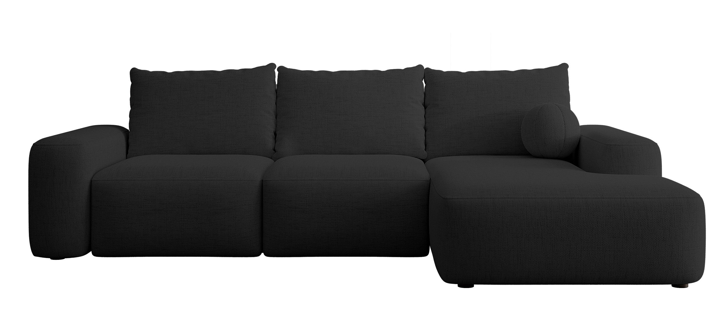 Ecksofa mit Schlaffunktion Carnos, L-förmig mit Ball, einzelne Kissen, schwarzer hydrophober Chenille-Stoff, rechtsseitig