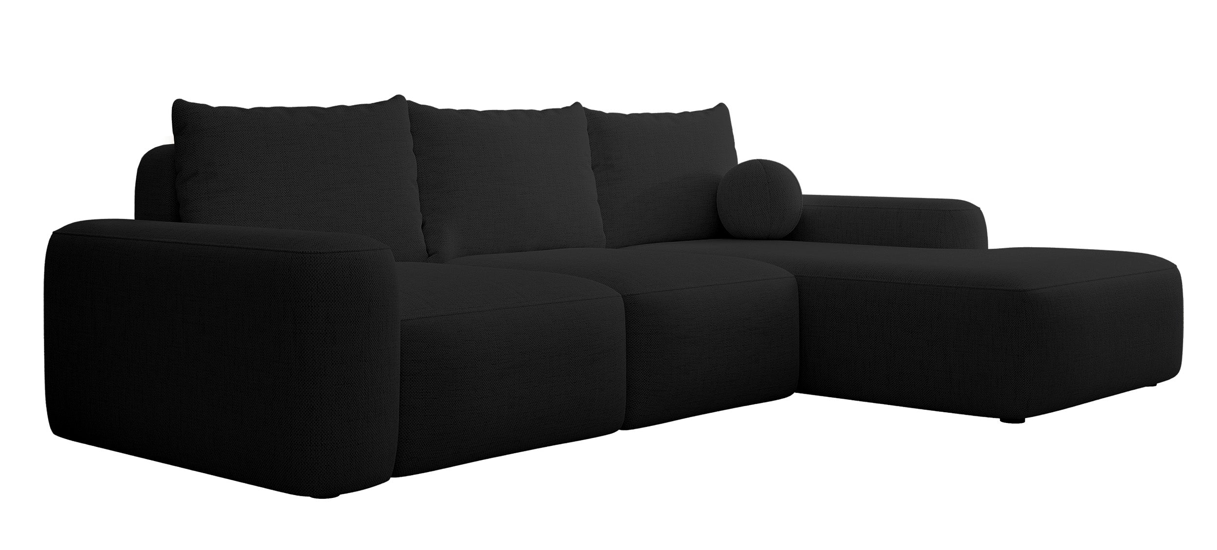 Ecksofa mit Schlaffunktion Carnos, L-förmig mit Ball, einzelne Kissen, schwarzer hydrophober Chenille-Stoff, rechtsseitig