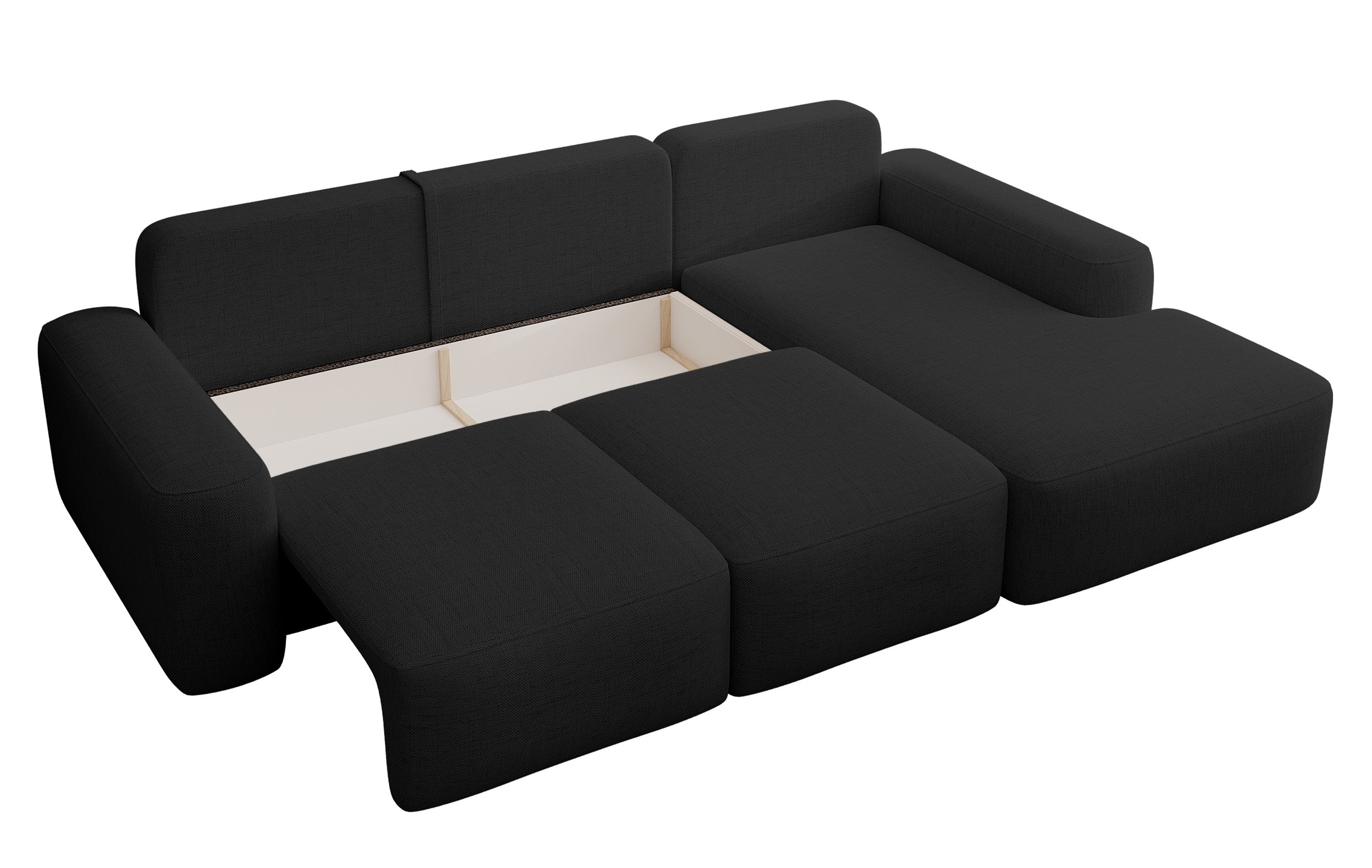 Ecksofa mit Schlaffunktion Carnos, L-förmig mit Ball, einzelne Kissen, schwarzer hydrophober Chenille-Stoff, rechtsseitig