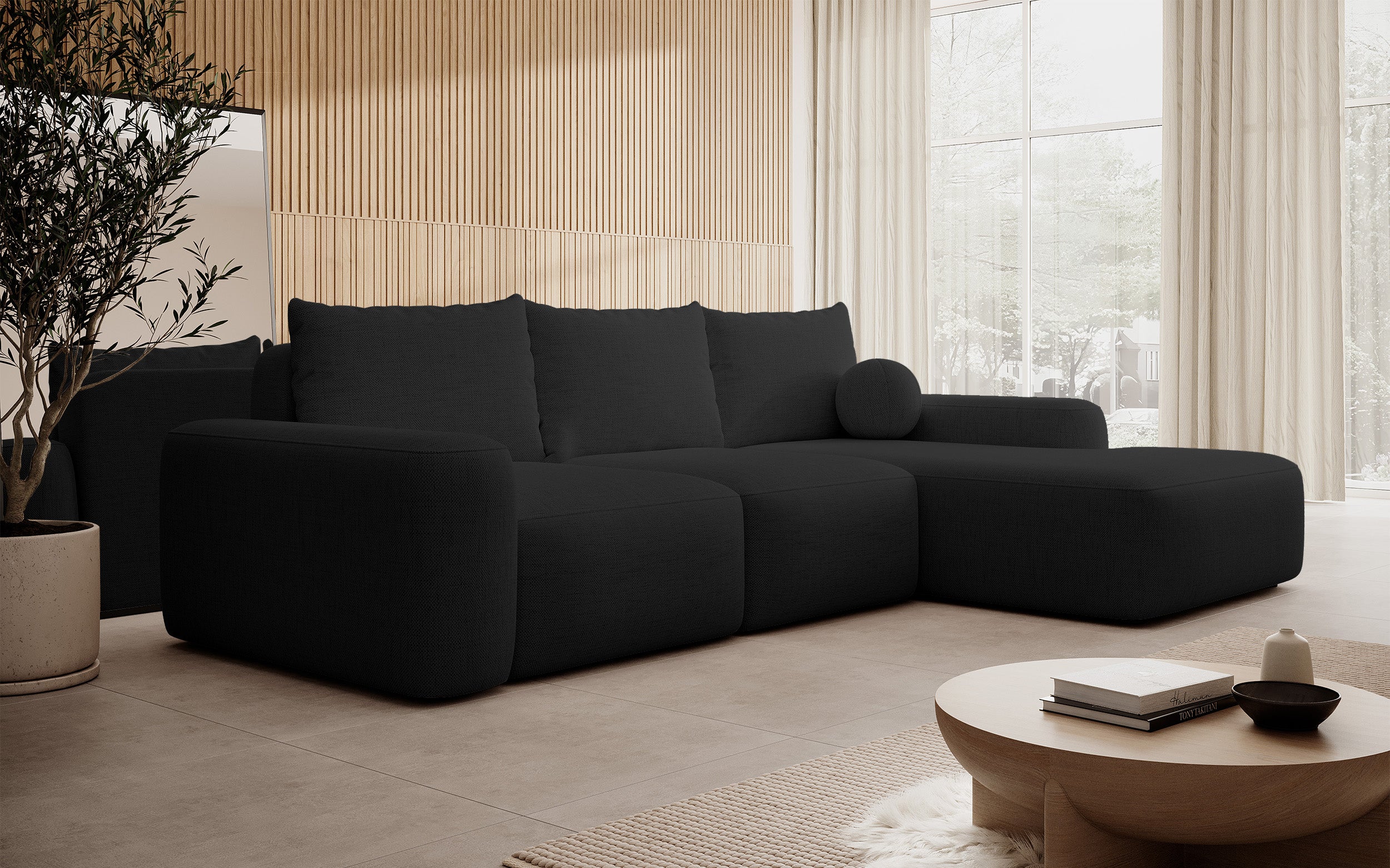 Ecksofa mit Schlaffunktion Carnos, L-förmig mit Ball, einzelne Kissen, schwarzer hydrophober Chenille-Stoff, rechtsseitig