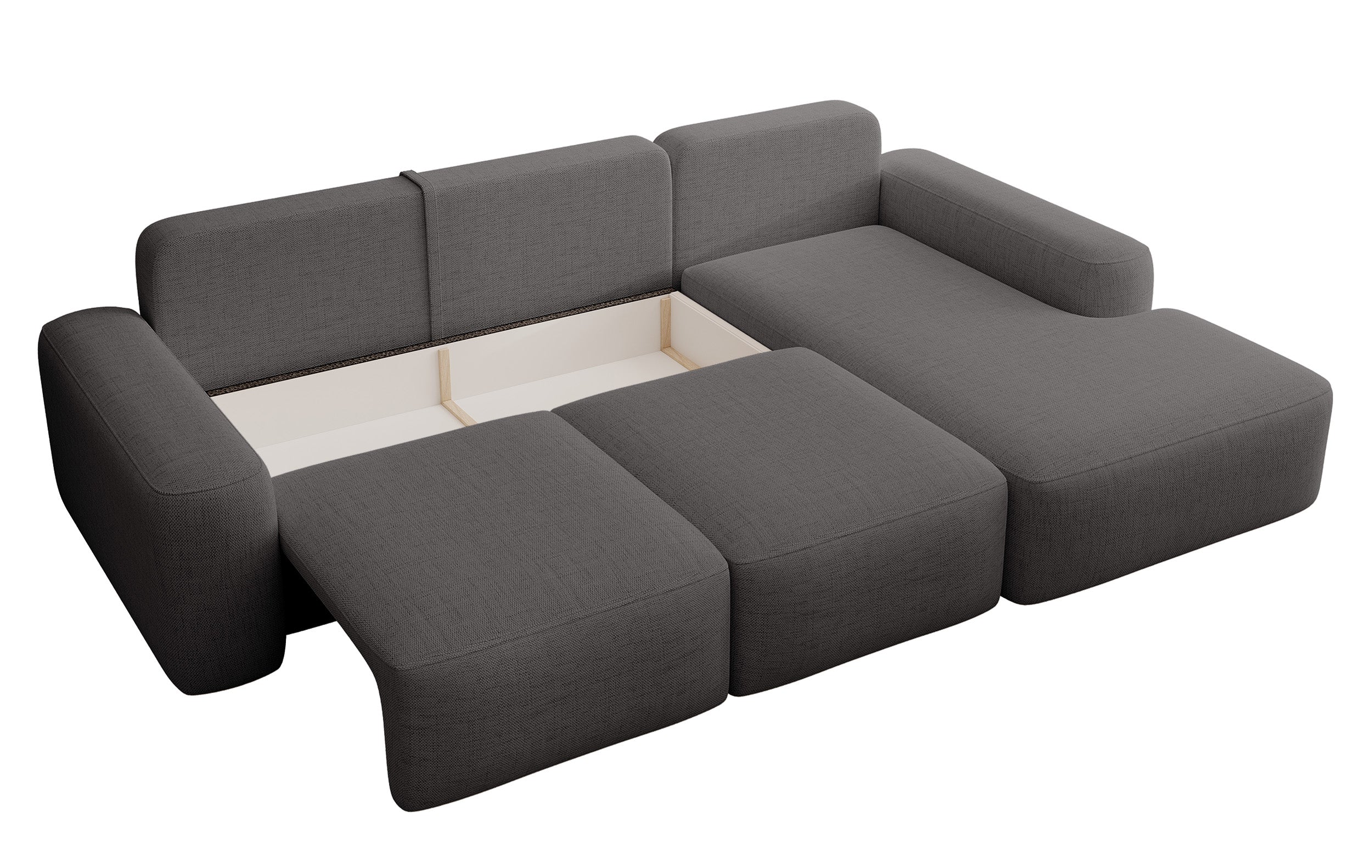 Ecksofa mit Schlaffunktion Carnos, L-förmig, mit zusätzlichen Lendenkissen, dunkelgrauer hydrophober Chenille, rechtsseitig