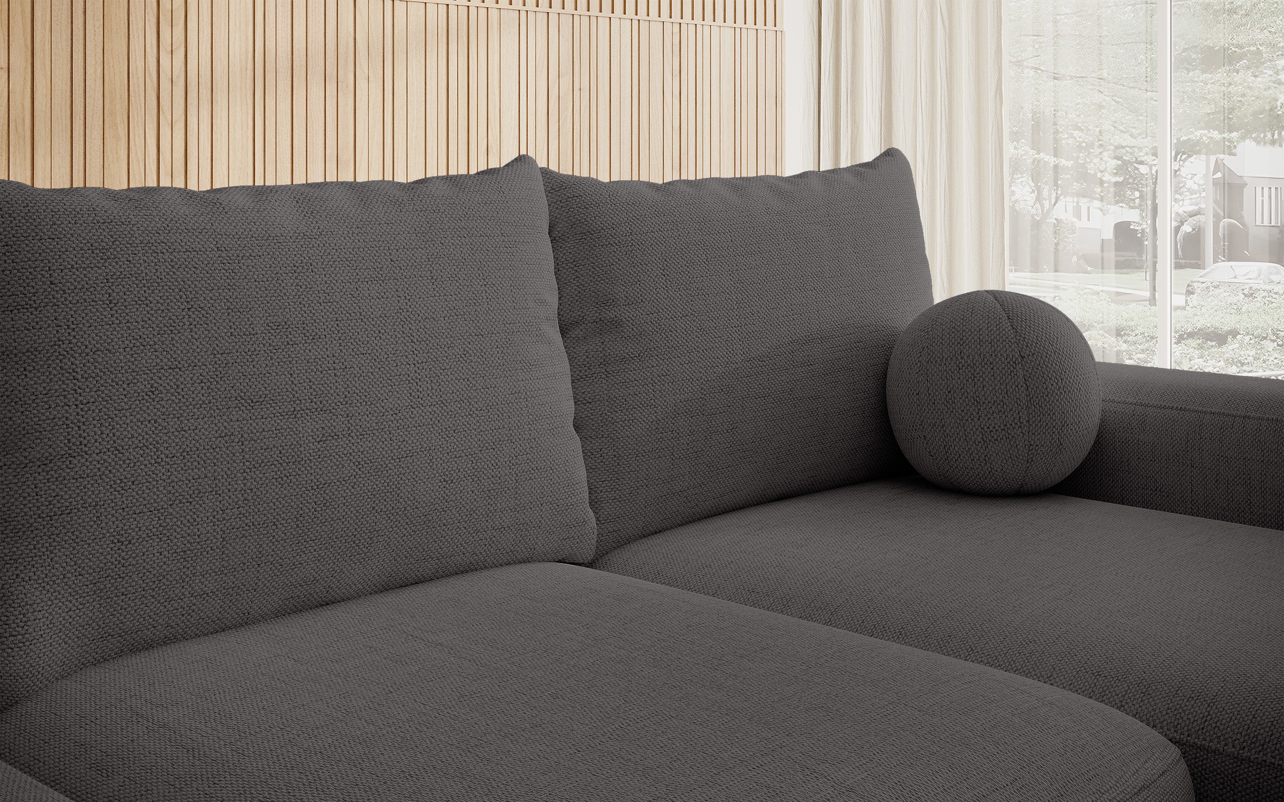 Ecksofa mit Schlaffunktion Carnos, L-förmig, mit Ball, einzelne Kissen, dunkelgrauer hydrophober Chenille-Stoff, rechtsseitig