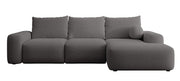Ecksofa mit Schlaffunktion Carnos, L-förmig, mit Ball, einzelne Kissen, dunkelgrauer hydrophober Chenille-Stoff, rechtsseitig