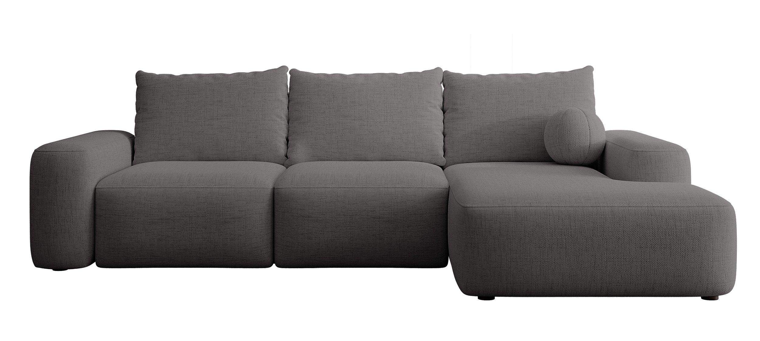 Ecksofa mit Schlaffunktion Carnos, L-förmig, mit Ball, einzelne Kissen, dunkelgrauer hydrophober Chenille-Stoff, rechtsseitig