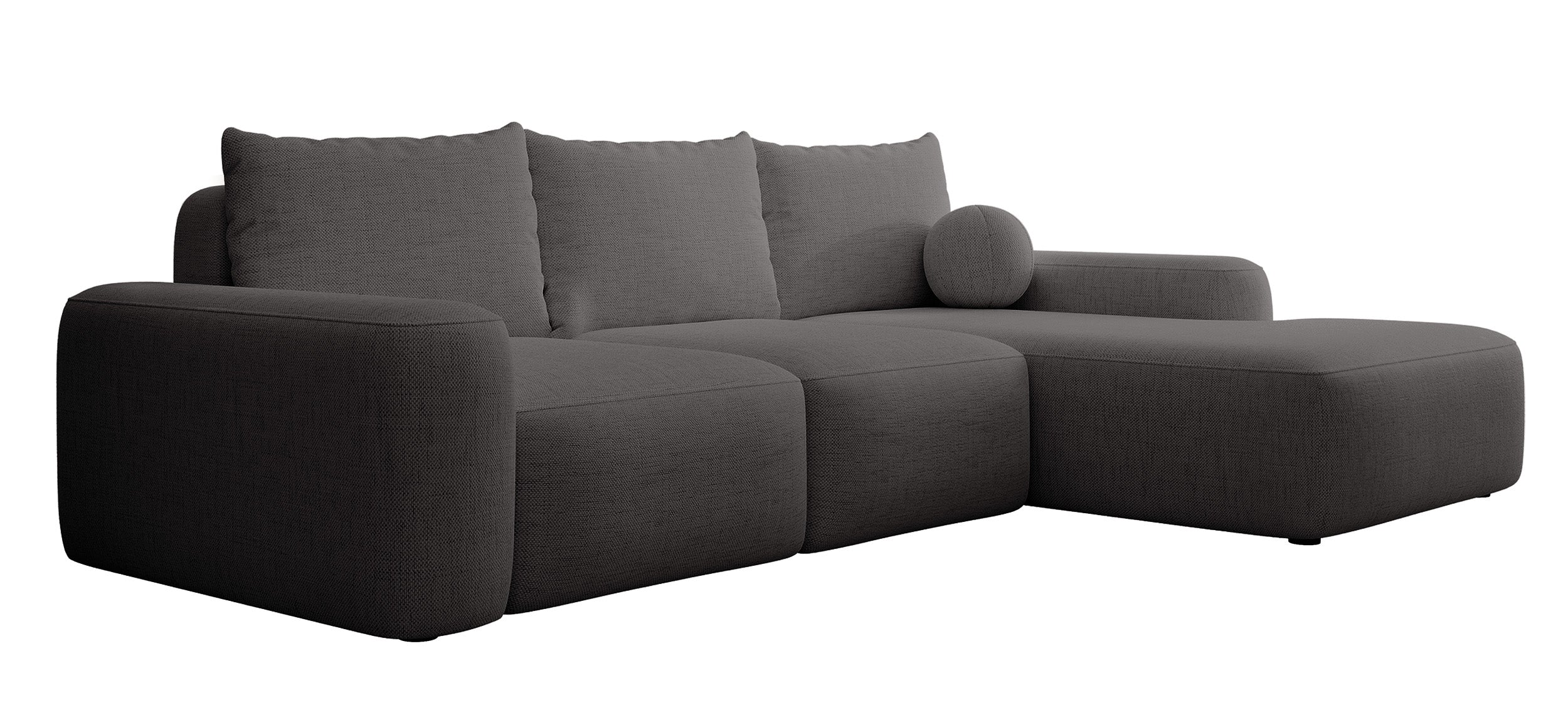 Ecksofa mit Schlaffunktion Carnos, L-förmig, mit Ball, einzelne Kissen, dunkelgrauer hydrophober Chenille-Stoff, rechtsseitig