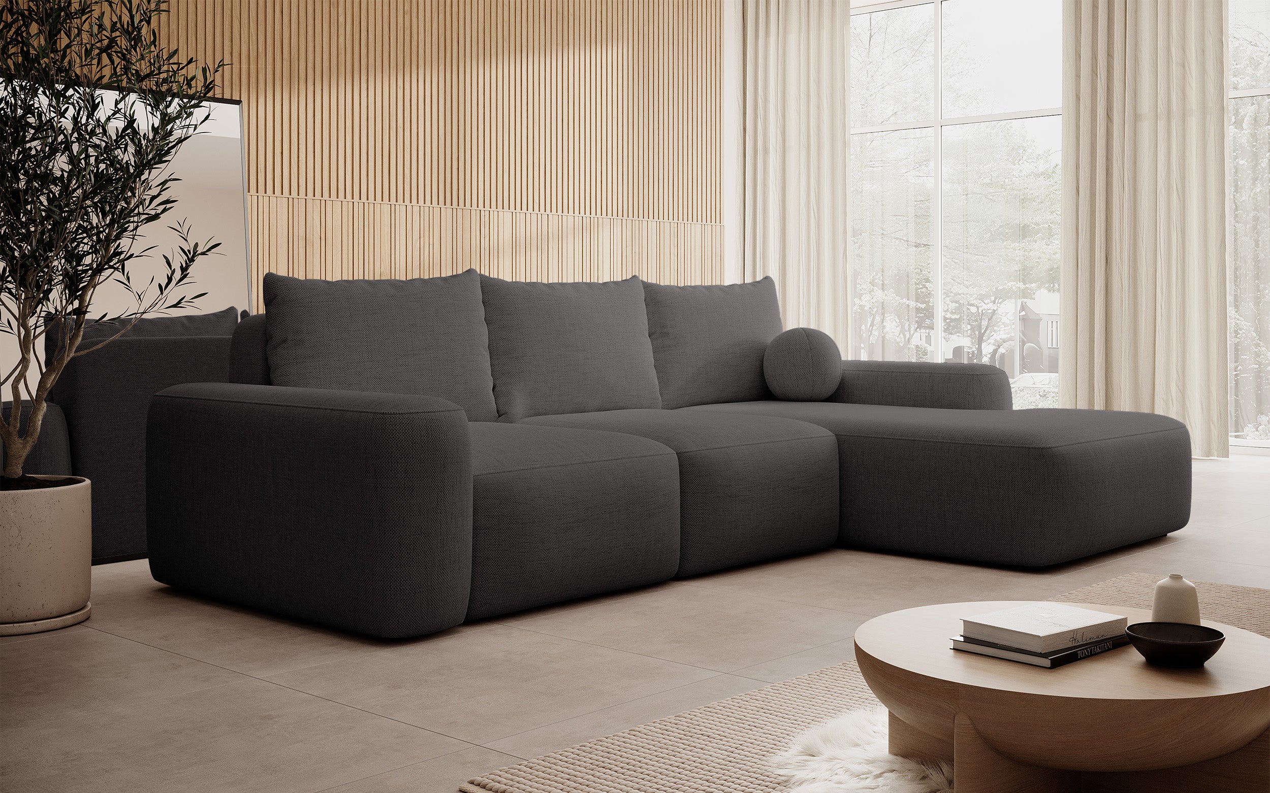 Ecksofa mit Schlaffunktion Carnos, L-förmig, mit Ball, einzelne Kissen, dunkelgrauer hydrophober Chenille-Stoff, rechtsseitig