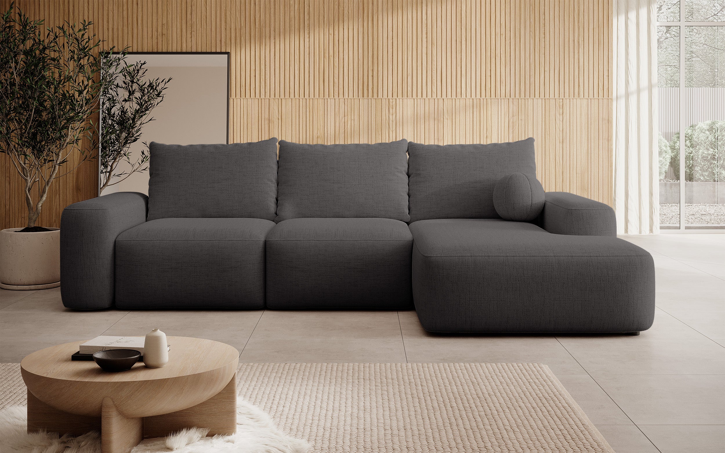 Ecksofa mit Schlaffunktion Carnos, L-förmig, mit Ball, einzelne Kissen, dunkelgrauer hydrophober Chenille-Stoff, rechtsseitig
