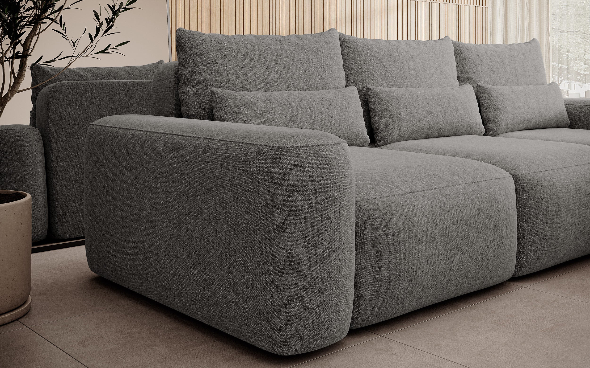 Ecksofa mit Schlaffunktion Carnos, L-förmig, mit zusätzlichen Lendenkissen, dunkelgrauer hydrophober Chenille, rechtsseitig