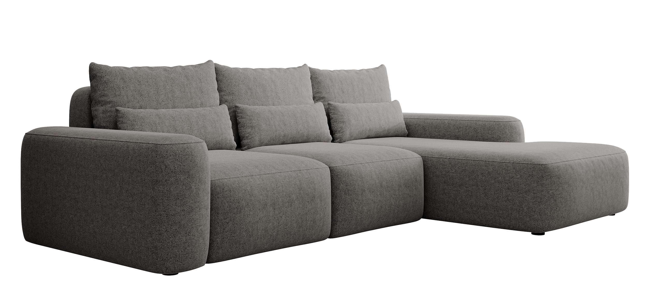 Ecksofa mit Schlaffunktion Carnos, L-förmig, mit zusätzlichen Lendenkissen, dunkelgrauer hydrophober Chenille, rechtsseitig