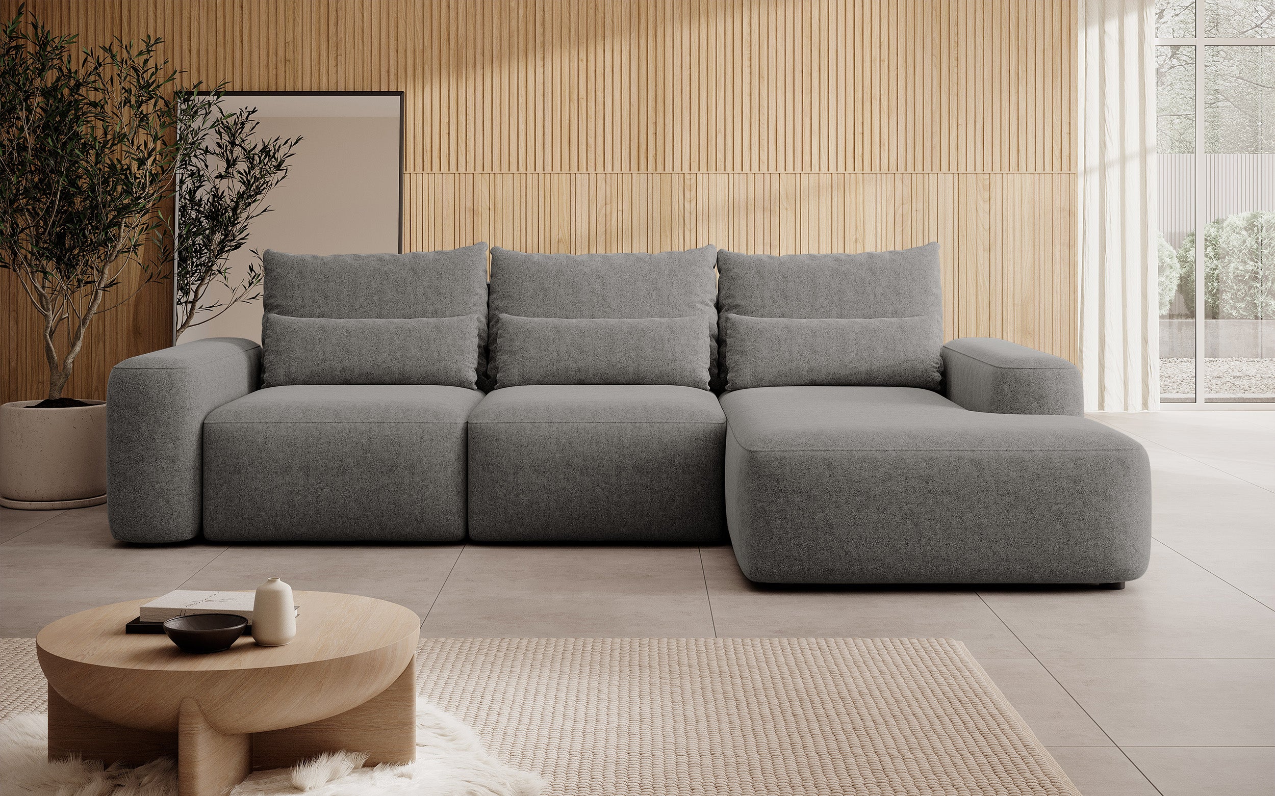 Ecksofa mit Schlaffunktion Carnos, L-förmig, mit zusätzlichen Lendenkissen, dunkelgrauer hydrophober Chenille, rechtsseitig