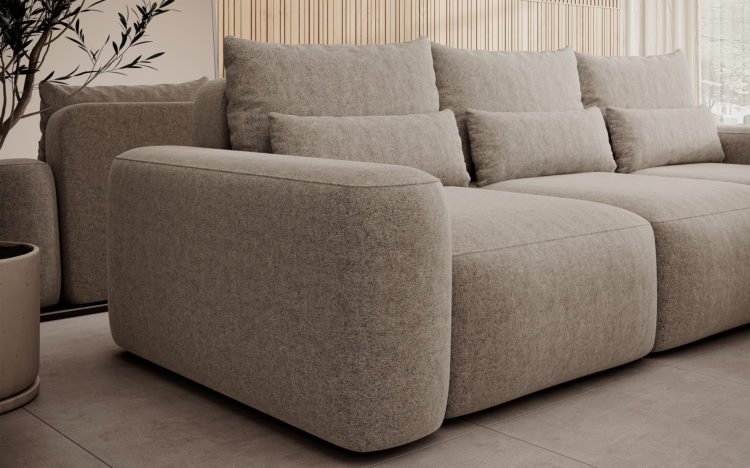 Ecksofa mit Schlaffunktion Carnos, L-förmig, mit zusätzlichen Lendenkissen, hellbrauner hydrophober Chenille, rechtsseitig
