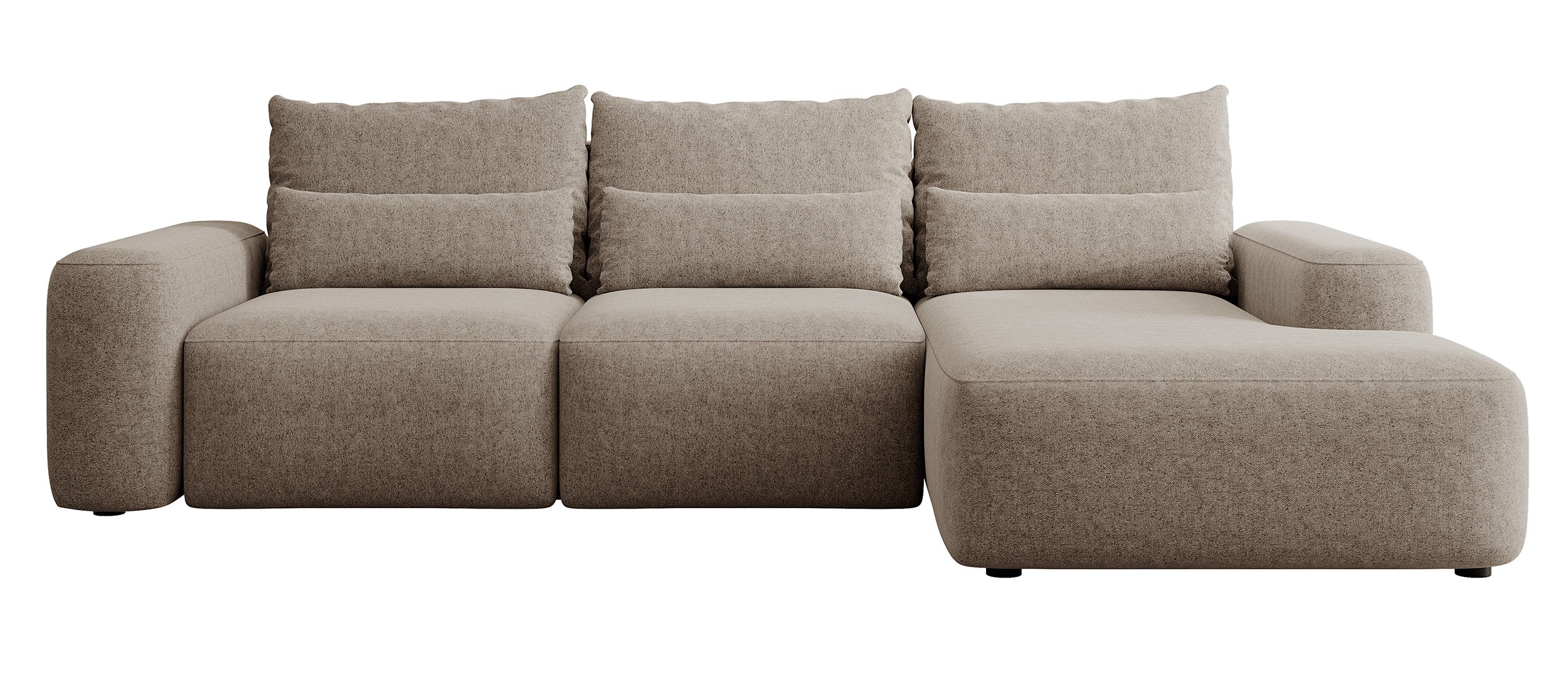 Ecksofa mit Schlaffunktion Carnos, L-förmig, mit zusätzlichen Lendenkissen, hellbrauner hydrophober Chenille, rechtsseitig