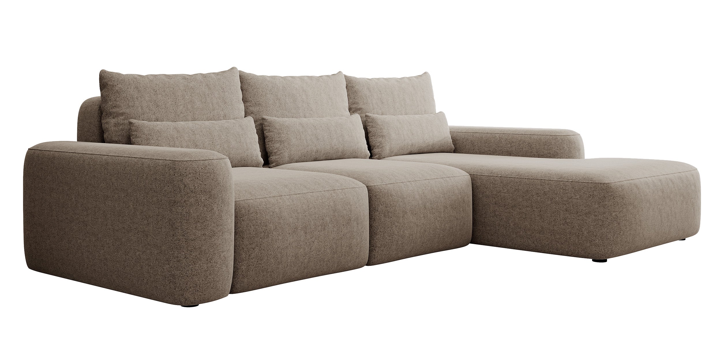 Ecksofa mit Schlaffunktion Carnos, L-förmig, mit zusätzlichen Lendenkissen, hellbrauner hydrophober Chenille, rechtsseitig