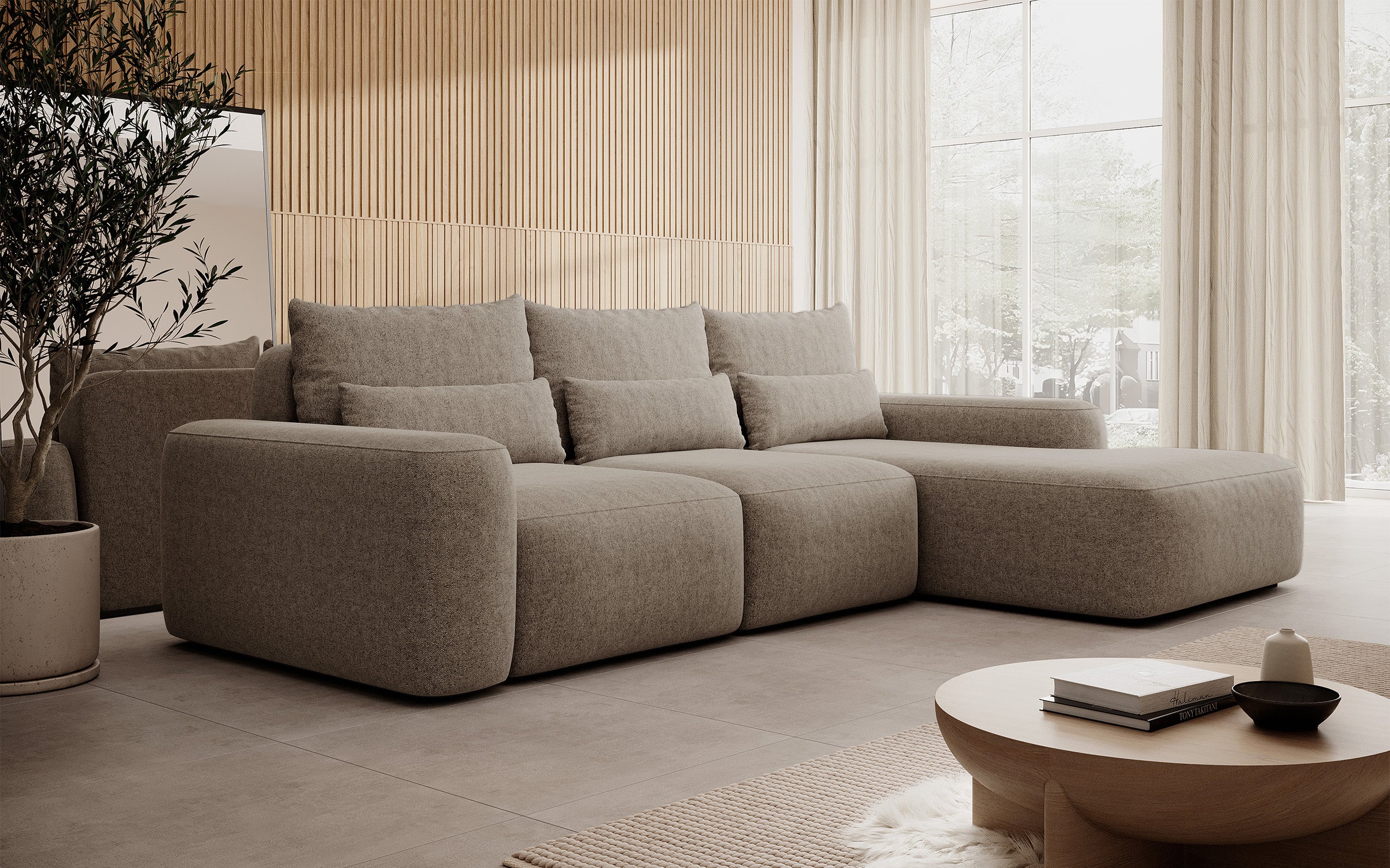Ecksofa mit Schlaffunktion Carnos, L-förmig, mit zusätzlichen Lendenkissen, hellbrauner hydrophober Chenille, rechtsseitig