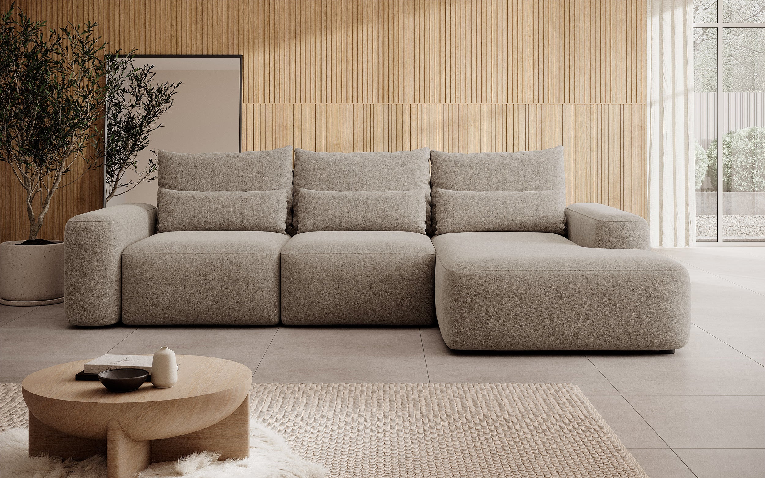Ecksofa mit Schlaffunktion Carnos, L-förmig, mit zusätzlichen Lendenkissen, hellbrauner hydrophober Chenille, rechtsseitig
