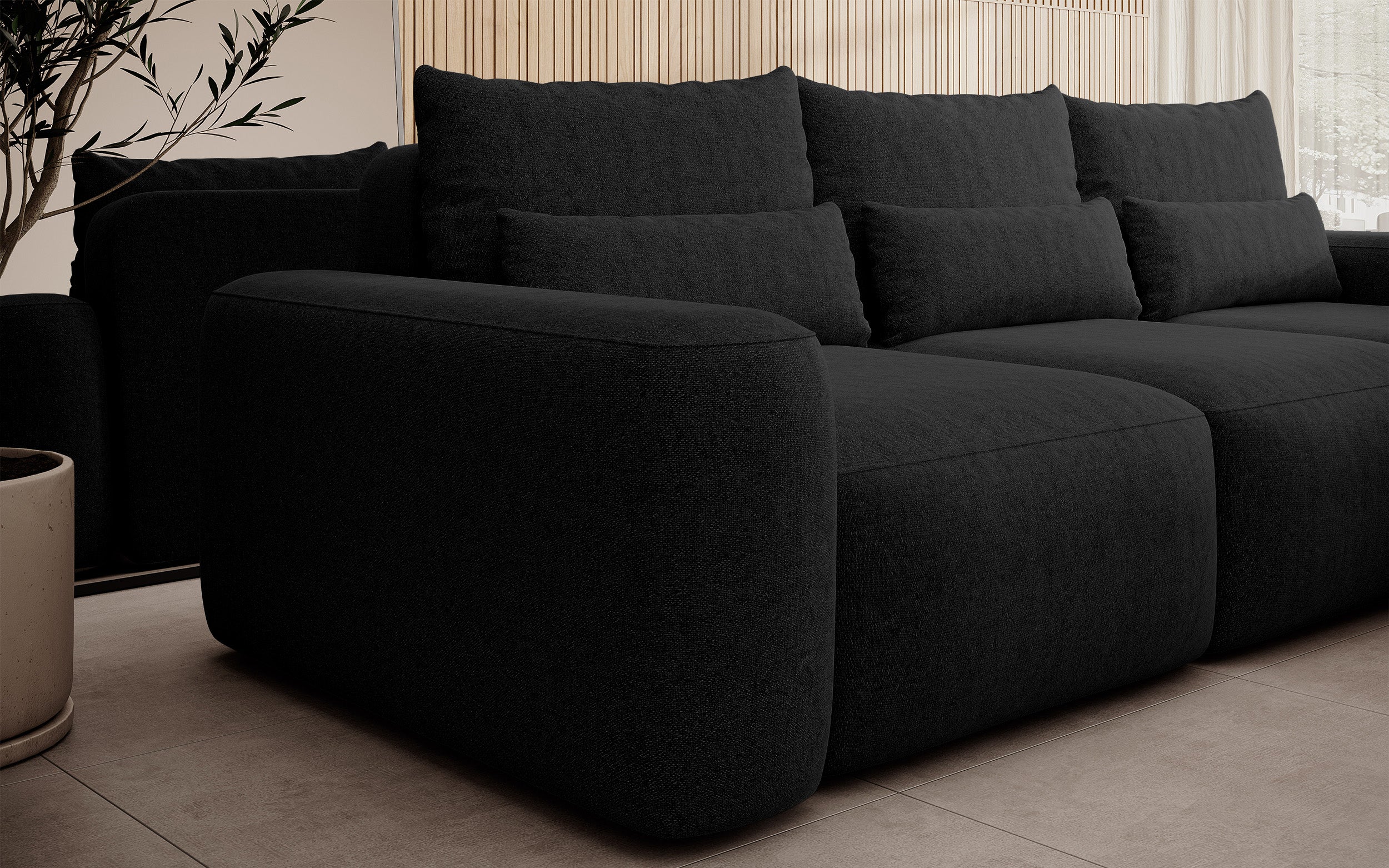 Ecksofa mit Schlaffunktion Carnos, L-förmig, mit zusätzlichen Lendenkissen, schwarzer hydrophober Chenille, rechtsseitig