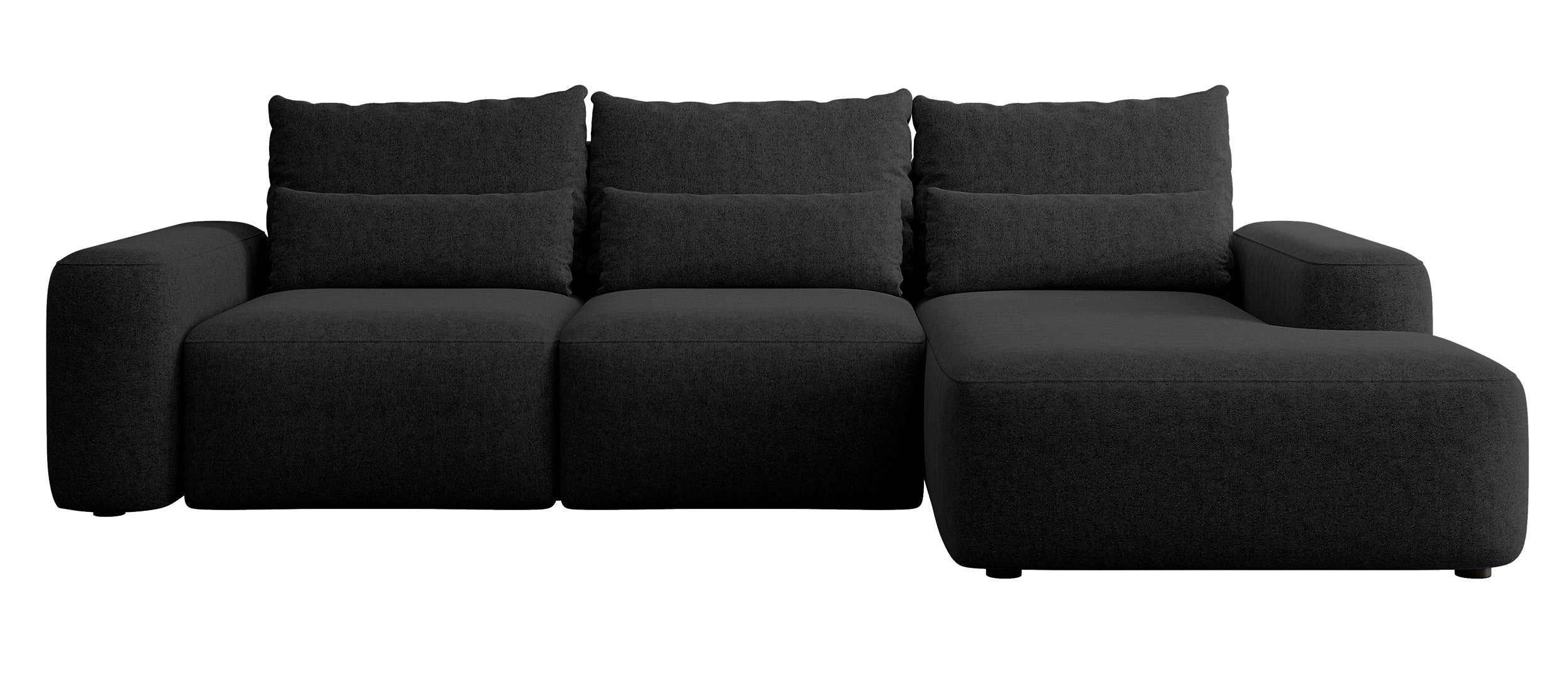 Ecksofa mit Schlaffunktion Carnos, L-förmig, mit zusätzlichen Lendenkissen, schwarzer hydrophober Chenille, rechtsseitig