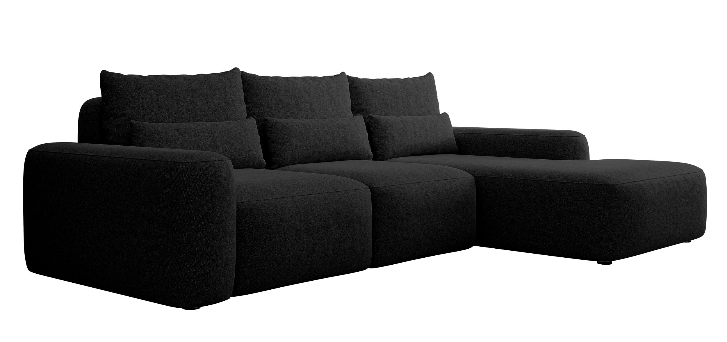 Ecksofa mit Schlaffunktion Carnos, L-förmig, mit zusätzlichen Lendenkissen, schwarzer hydrophober Chenille, rechtsseitig