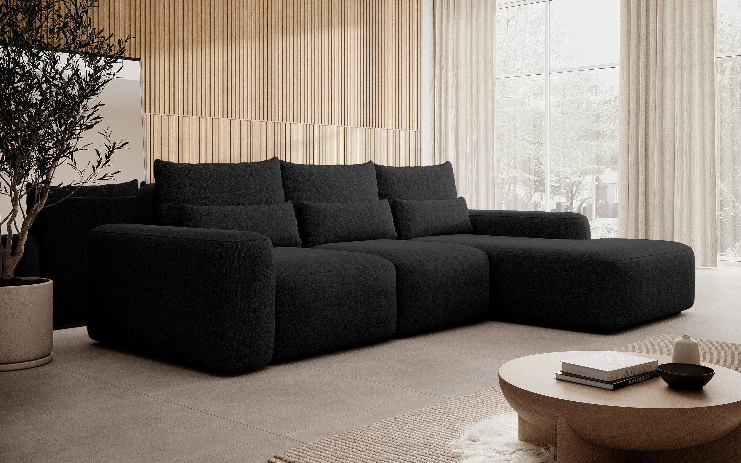 Ecksofa mit Schlaffunktion Carnos, L-förmig, mit zusätzlichen Lendenkissen, schwarzer hydrophober Chenille, rechtsseitig