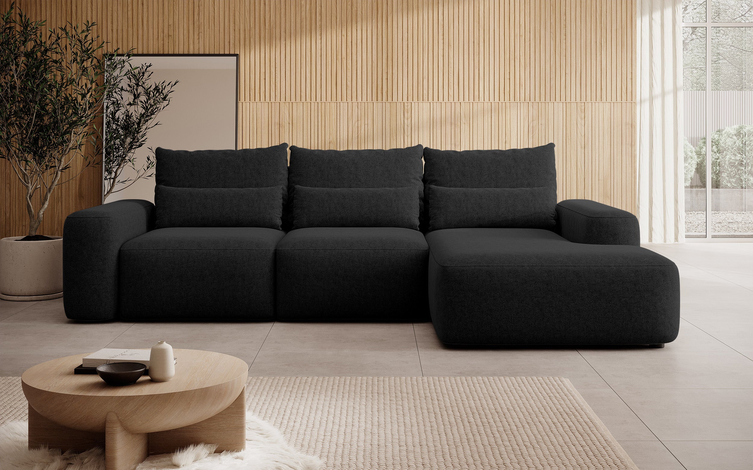 Ecksofa mit Schlaffunktion Carnos, L-förmig, mit zusätzlichen Lendenkissen, schwarzer hydrophober Chenille, rechtsseitig