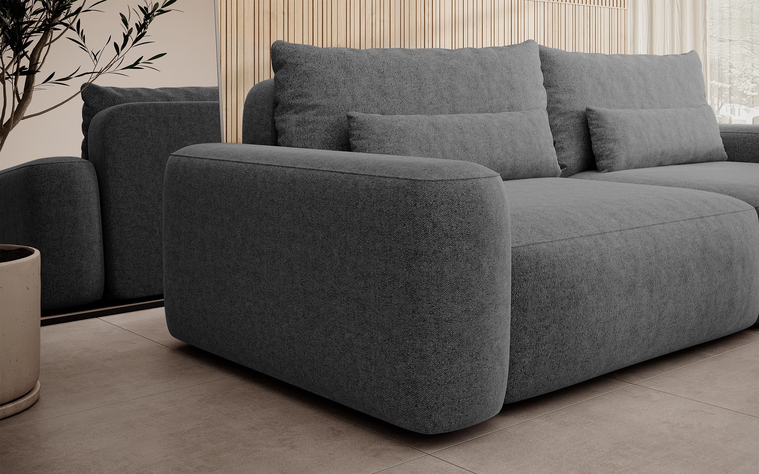 Dreisitziges ausklappbares Sofa Carnos, dunkelgrauer Chenille-Stoff, hydrophob, schwarze Beine
