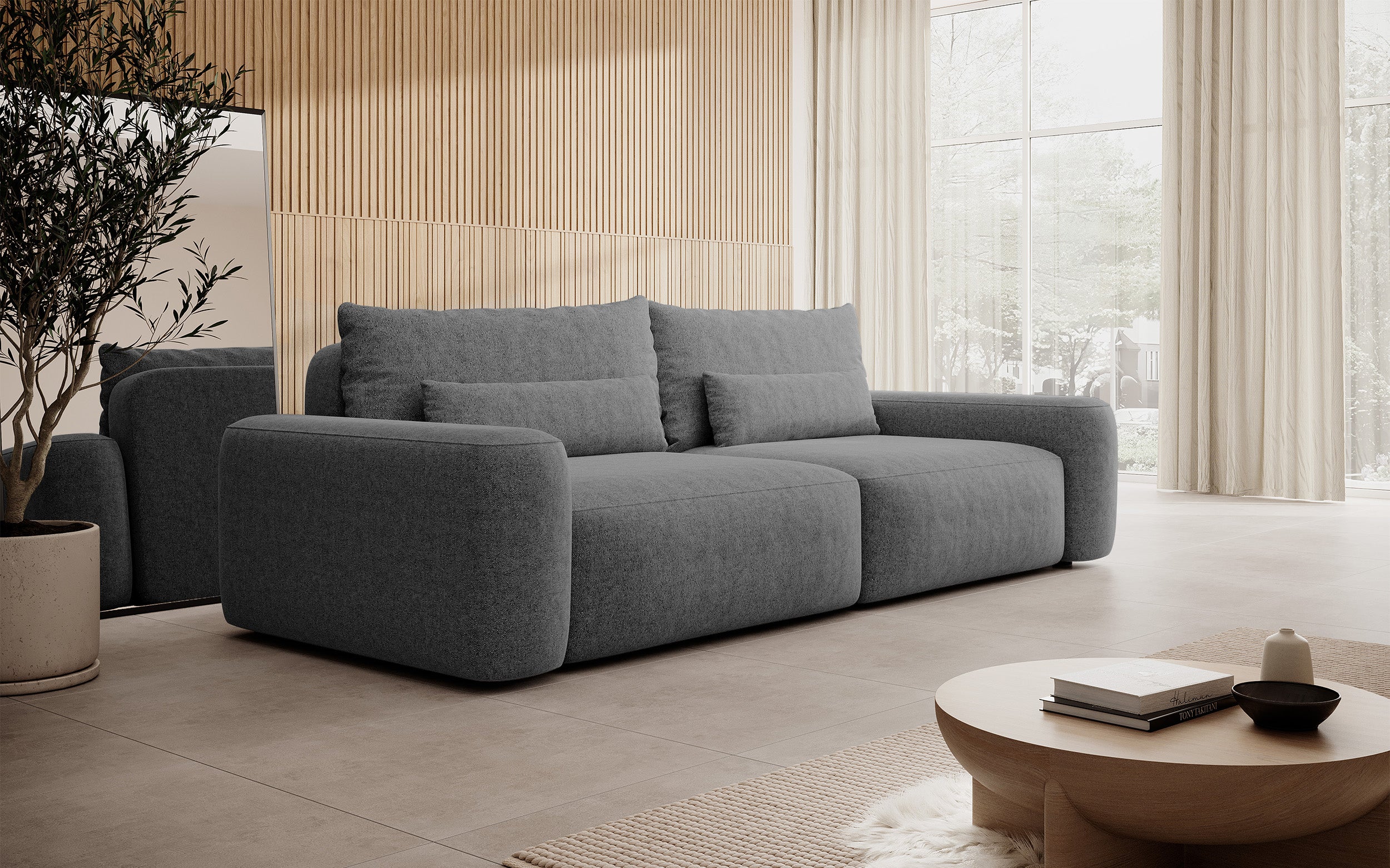 Dreisitziges ausklappbares Sofa Carnos, dunkelgrauer Chenille-Stoff, hydrophob, schwarze Beine