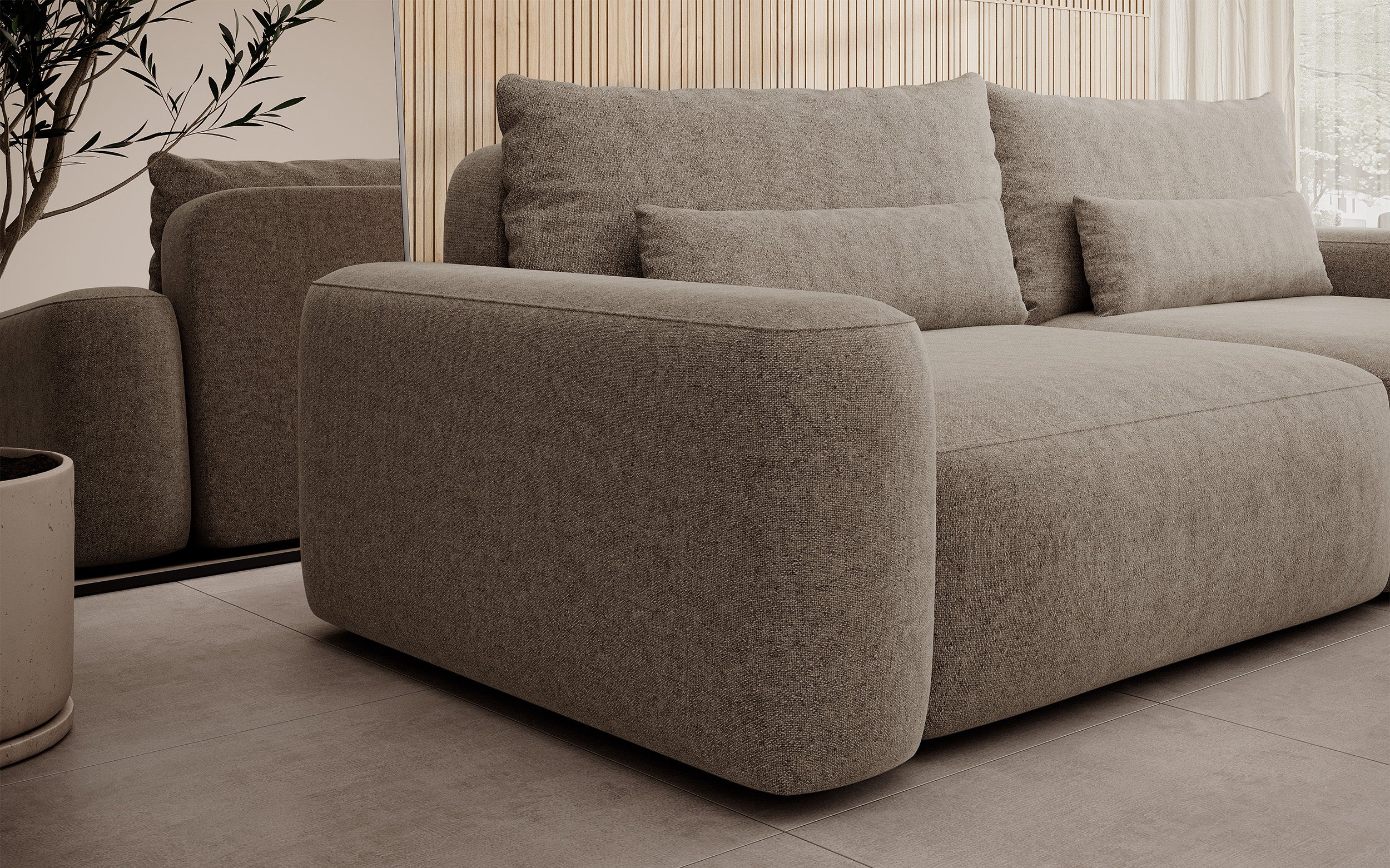 Dreisitziges ausklappbares Sofa Carnos hellbraun, chenille, wasserabweisend, schwarze Beine