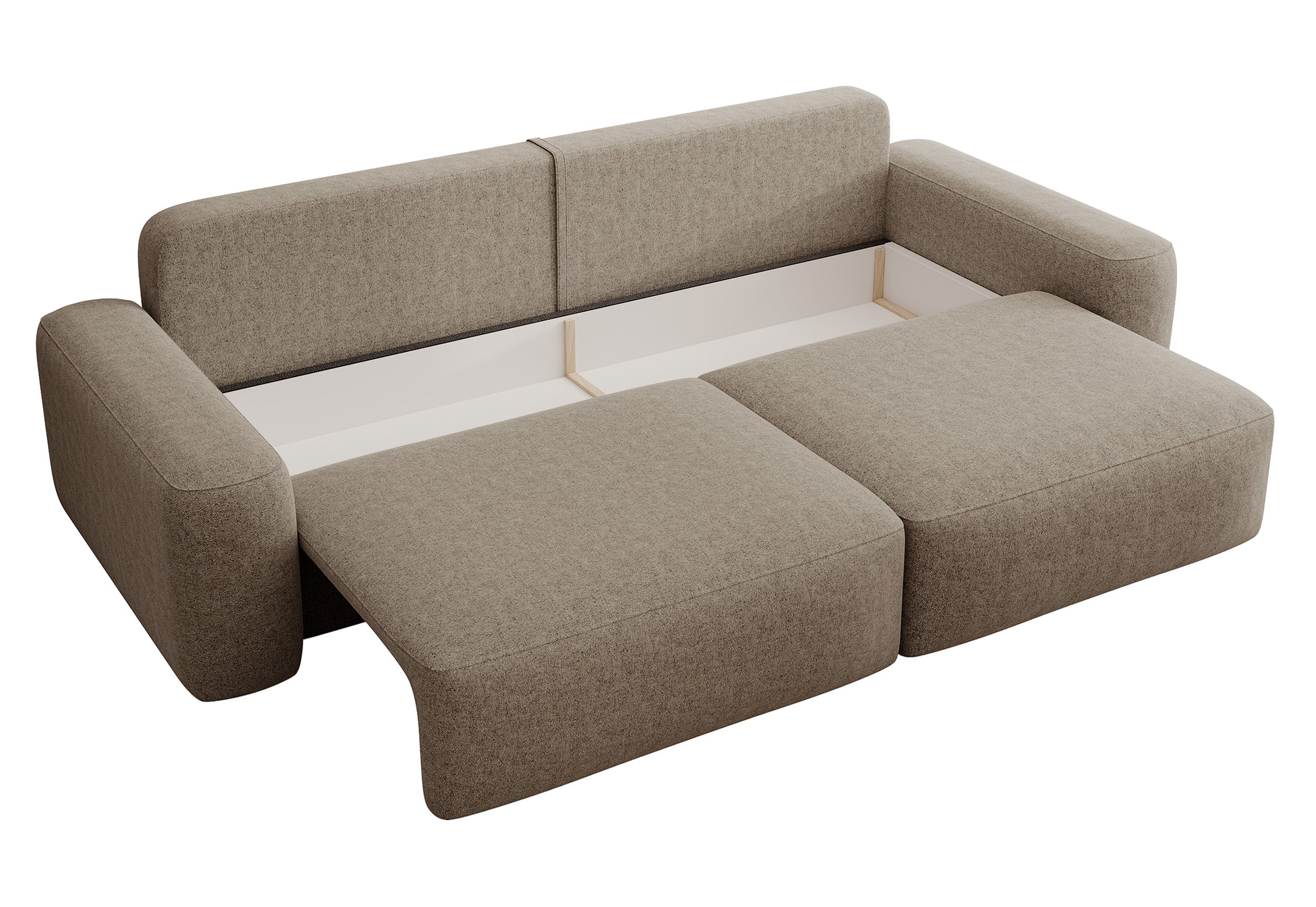 Dreisitziges ausklappbares Sofa Carnos hellbraun, chenille, wasserabweisend, schwarze Beine