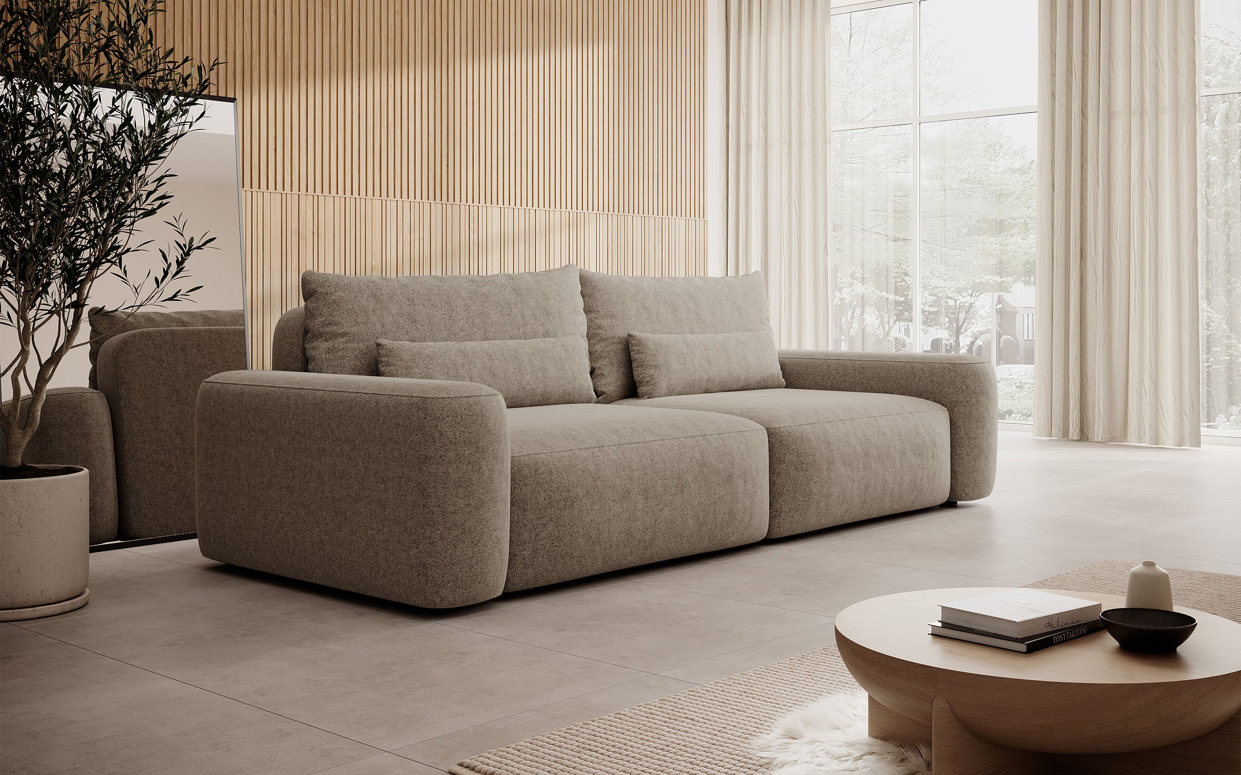 Dreisitziges ausklappbares Sofa Carnos hellbraun, chenille, wasserabweisend, schwarze Beine