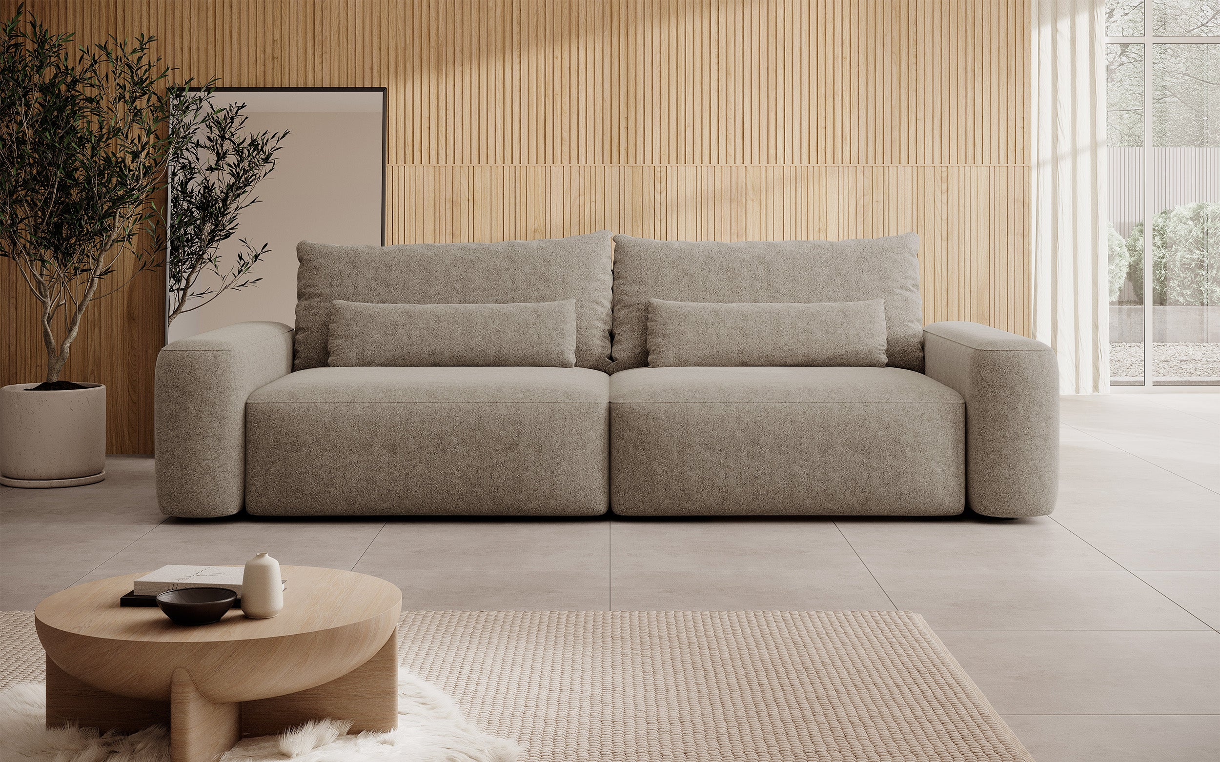 Dreisitziges ausklappbares Sofa Carnos hellbraun, chenille, wasserabweisend, schwarze Beine