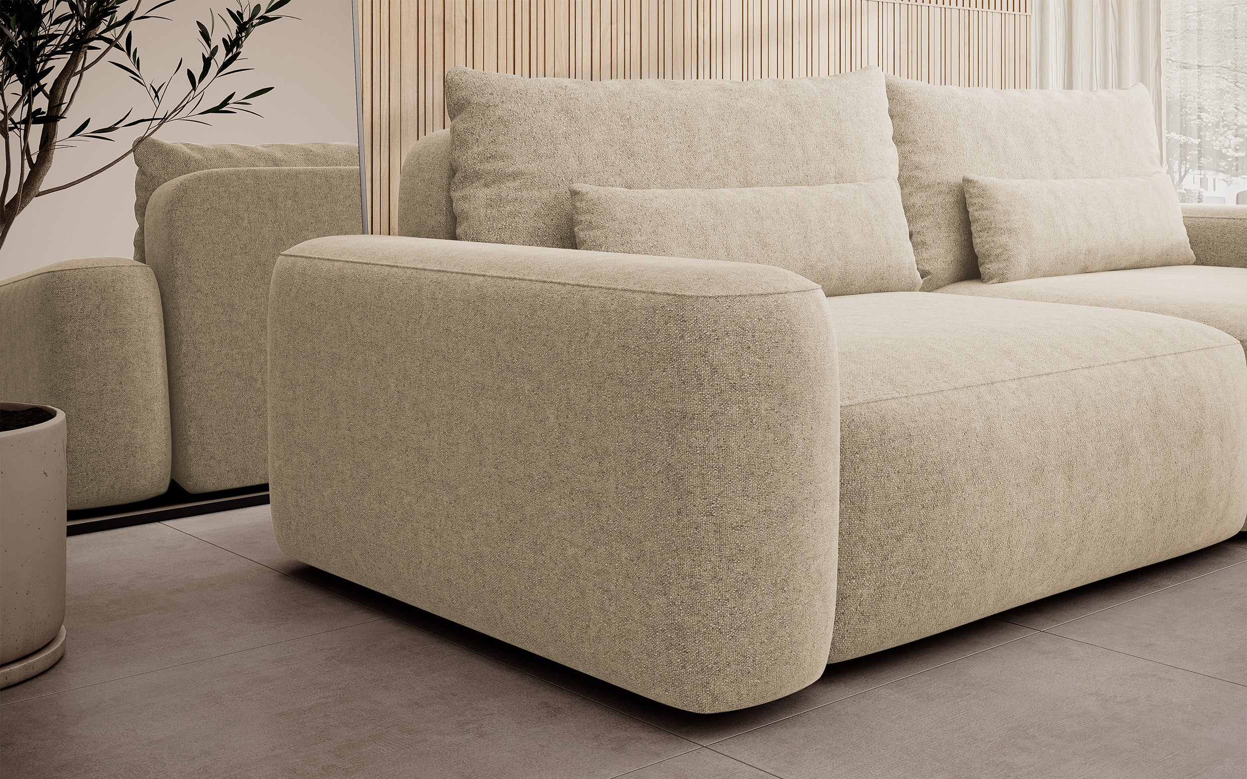Dreisitziges ausklappbares Sofa Carnos, beige, chenille, wasserabweisend, schwarze Beine