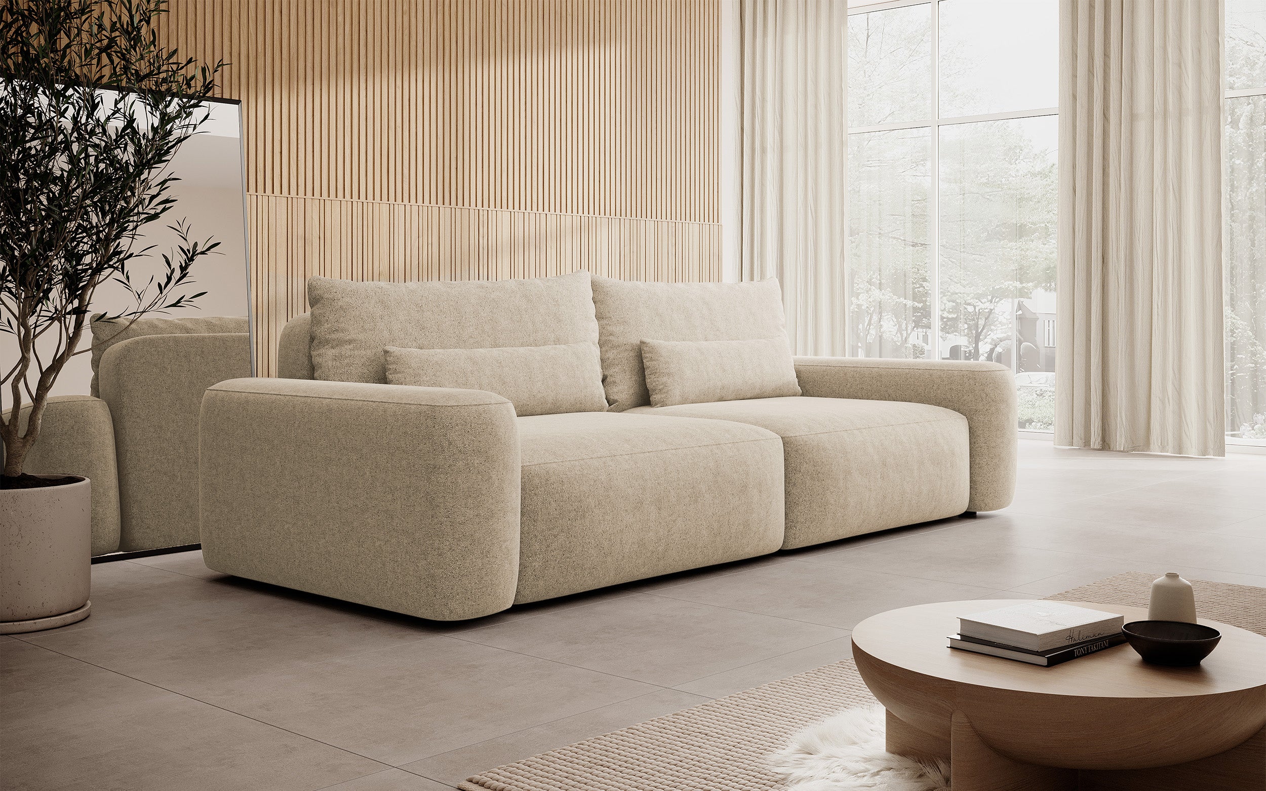 Dreisitziges ausklappbares Sofa Carnos, beige, chenille, wasserabweisend, schwarze Beine