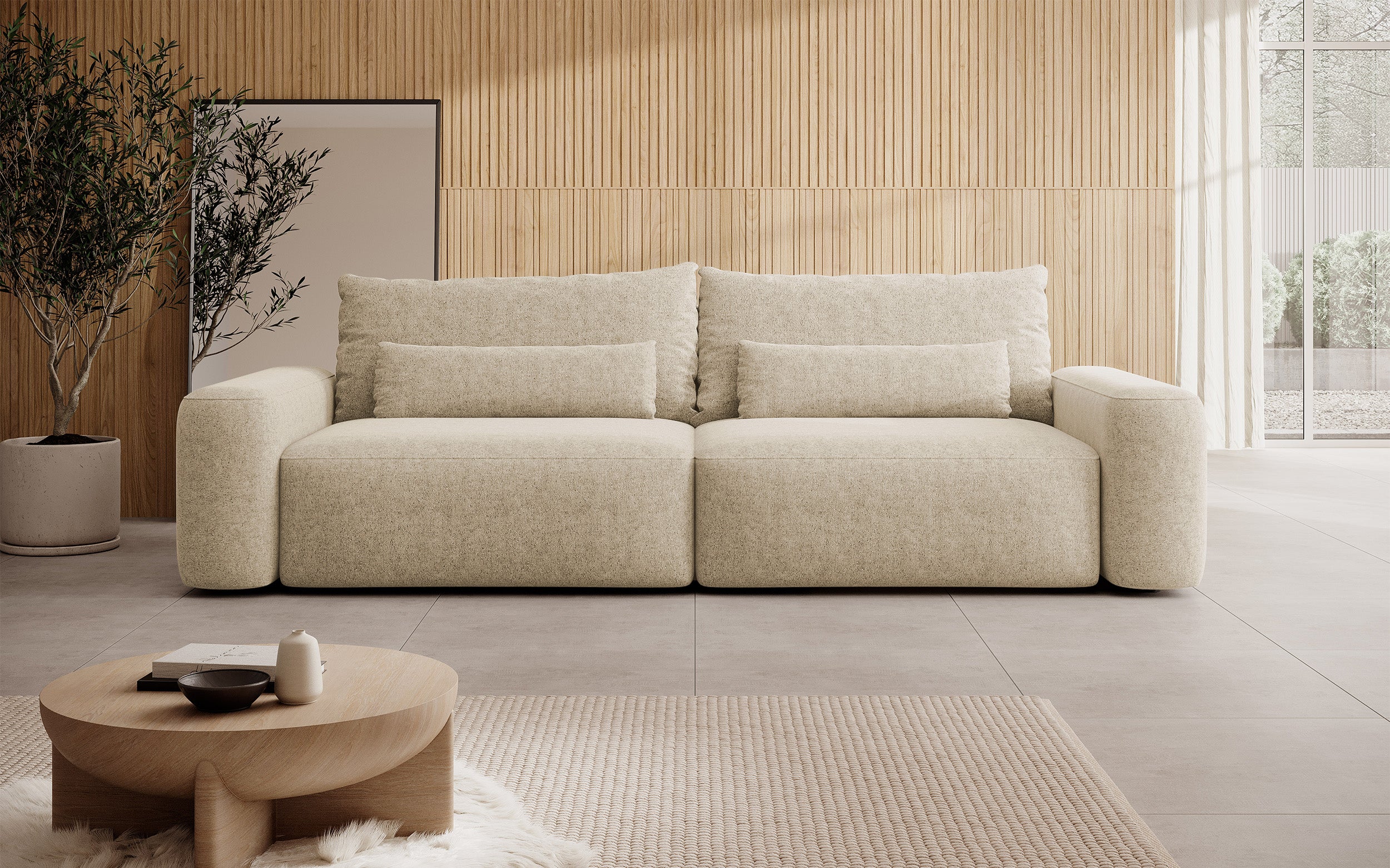 Dreisitziges ausklappbares Sofa Carnos, beige, chenille, wasserabweisend, schwarze Beine