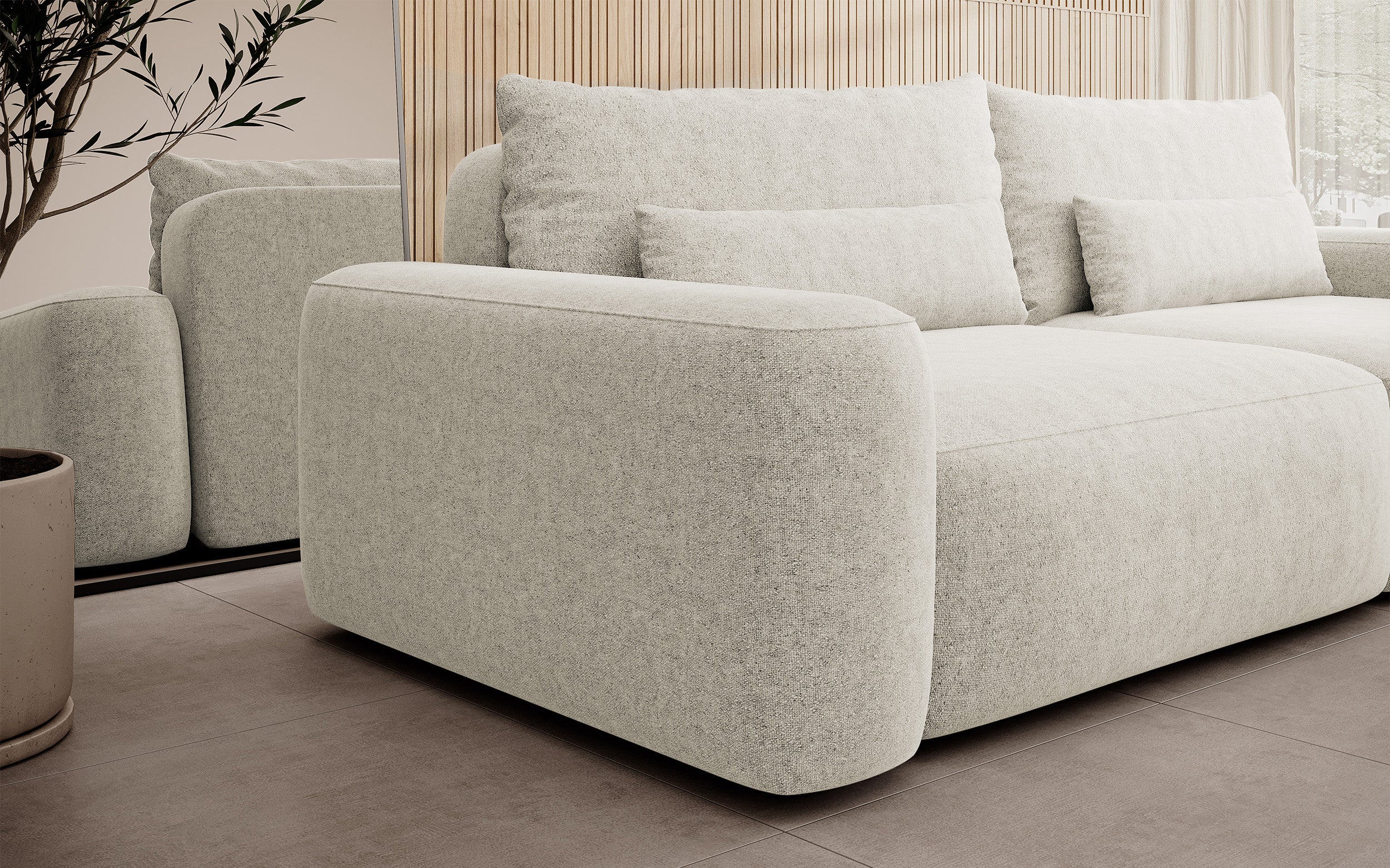 Dreisitziges ausklappbares Sofa Carnos, cremefarben, hydrophober Chenille-Stoff, schwarze Beine