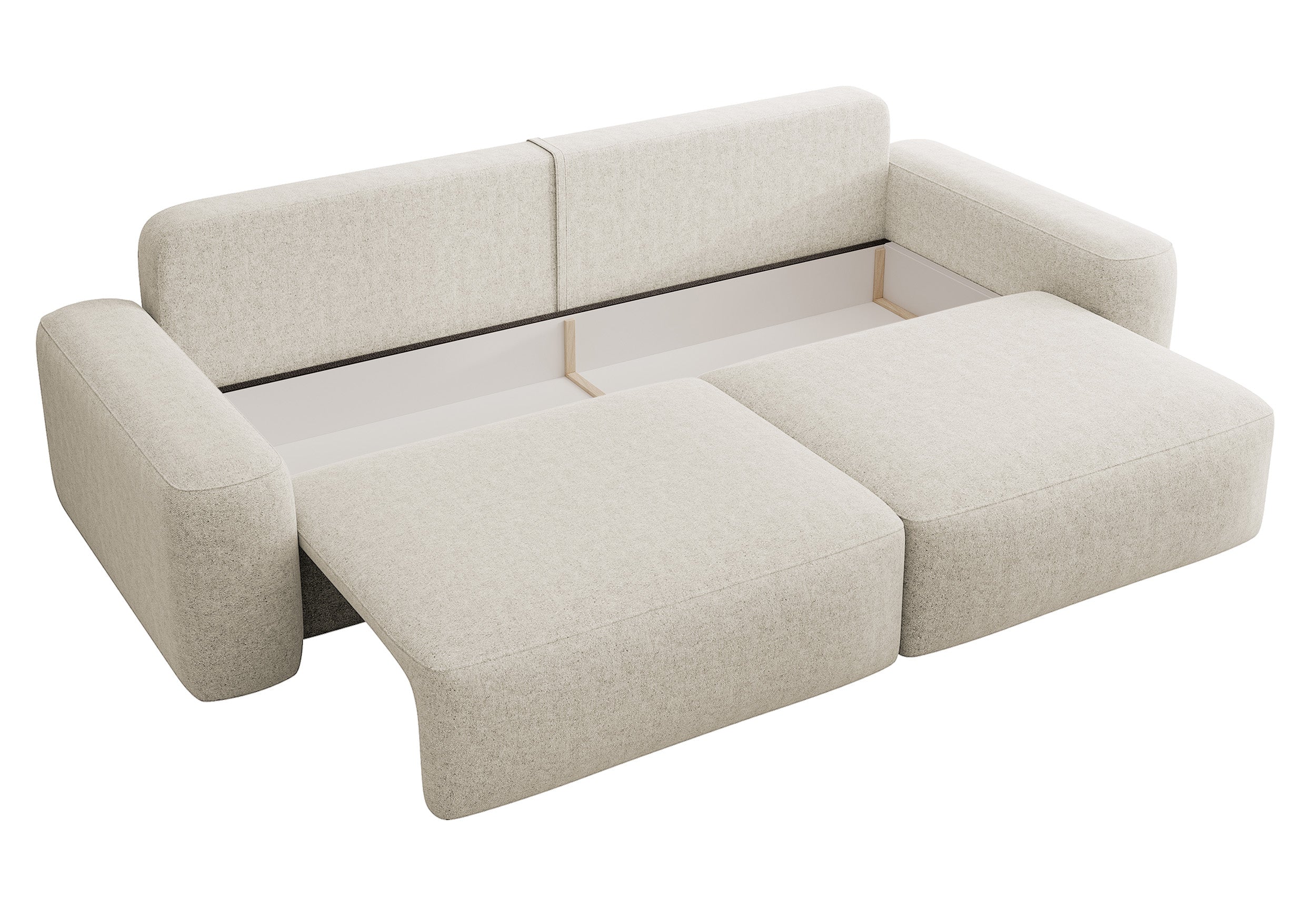Dreisitziges ausklappbares Sofa Carnos, cremefarben, hydrophober Chenille-Stoff, schwarze Beine
