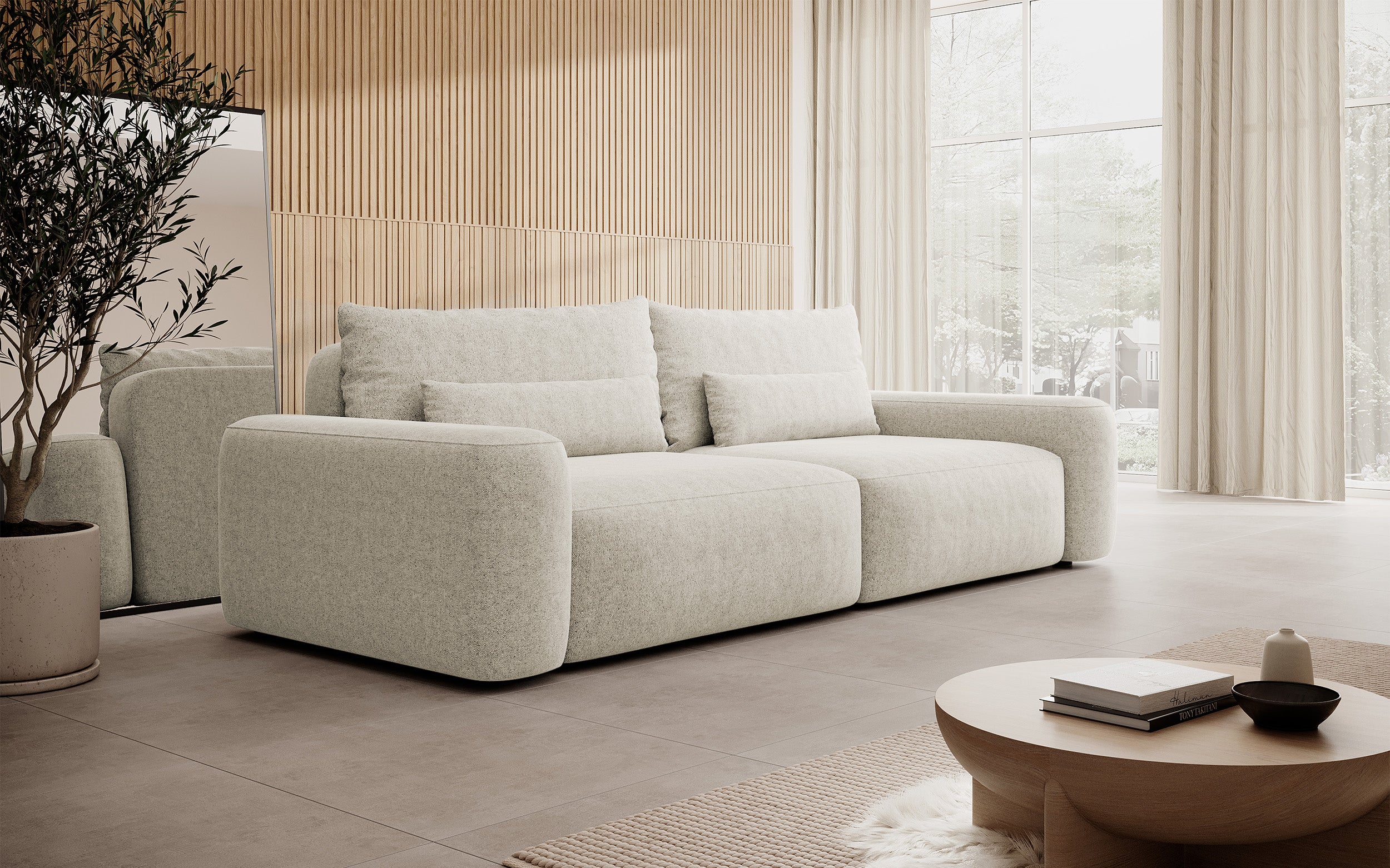 Dreisitziges ausklappbares Sofa Carnos, cremefarben, hydrophober Chenille-Stoff, schwarze Beine